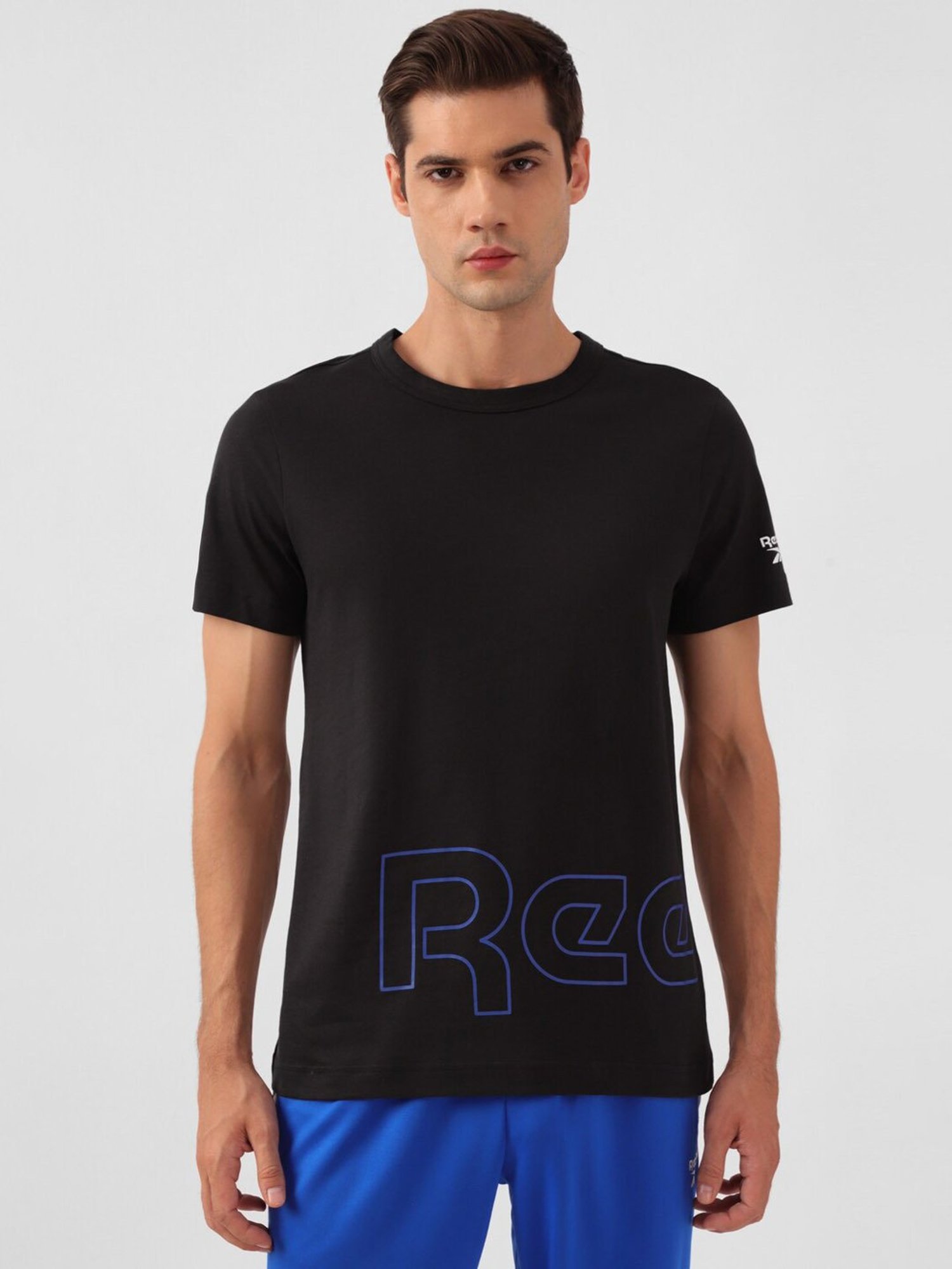 Reebok Black Cotton Slim Fit Printed Training Sports T-Shirt