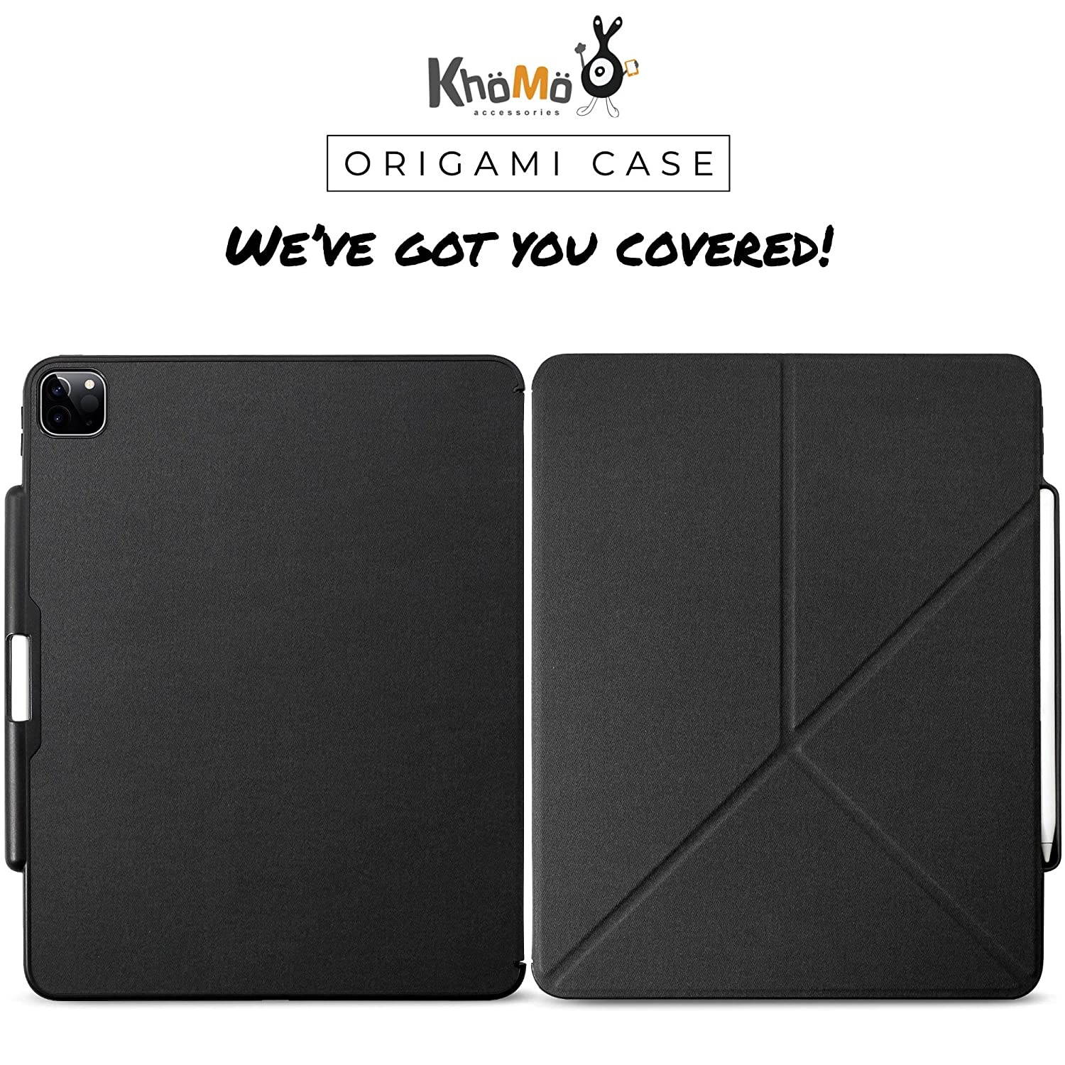 KHOMO iPad Case Pro 12.9 Case 4th Generation 2020 with Pencil Holder - Dual Origami Series - Horizontal and Vertical Stand - Supports Apple Pen Charging - Charcoal Black