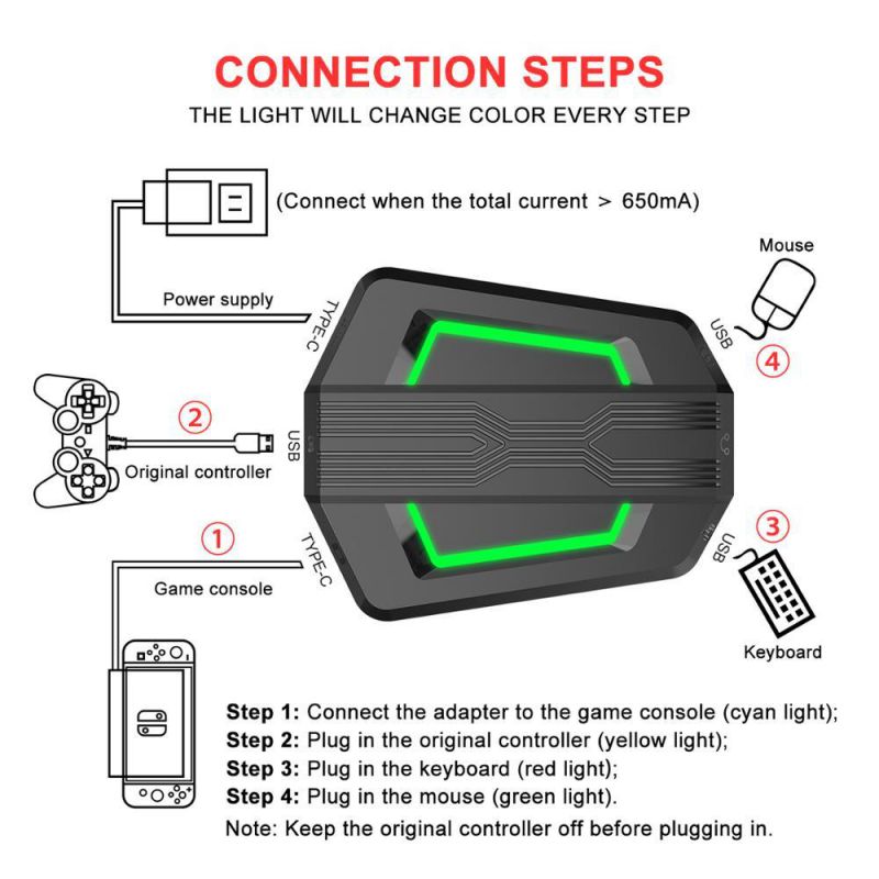 HXSJ P6 Gaming Keyboard and Mouse Adapter for PS4/Xbox One/Xbox 360/PS3/Nintendo Switch, RGB Gaming Combo for Game Console