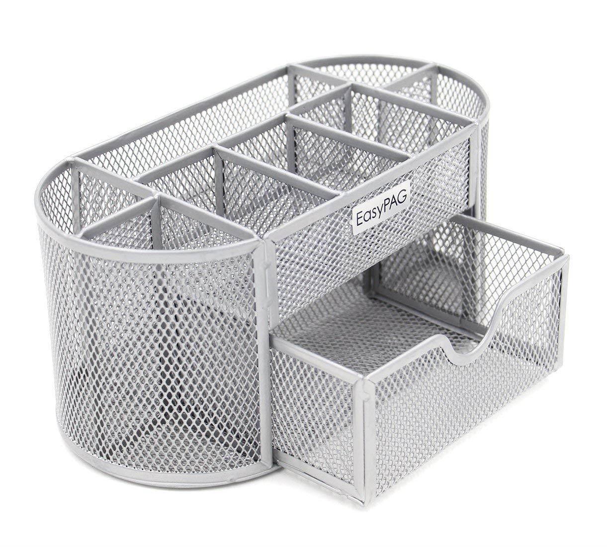 EasyPAG Mesh Office Desk Accessories Organizer 9 Components with Drawer, Silver