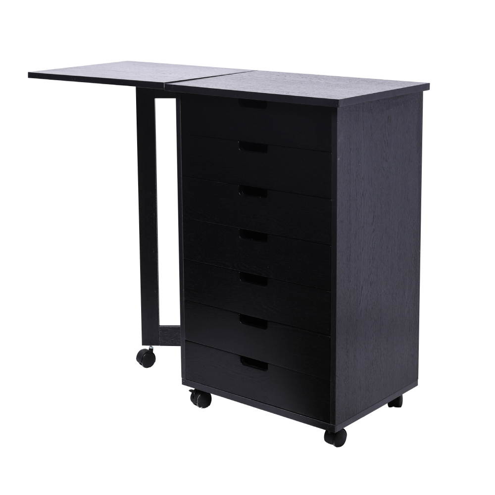 Wood Filing Cabinet, 7 Drawer Gate Leg Roll Cart with Desk Black Color