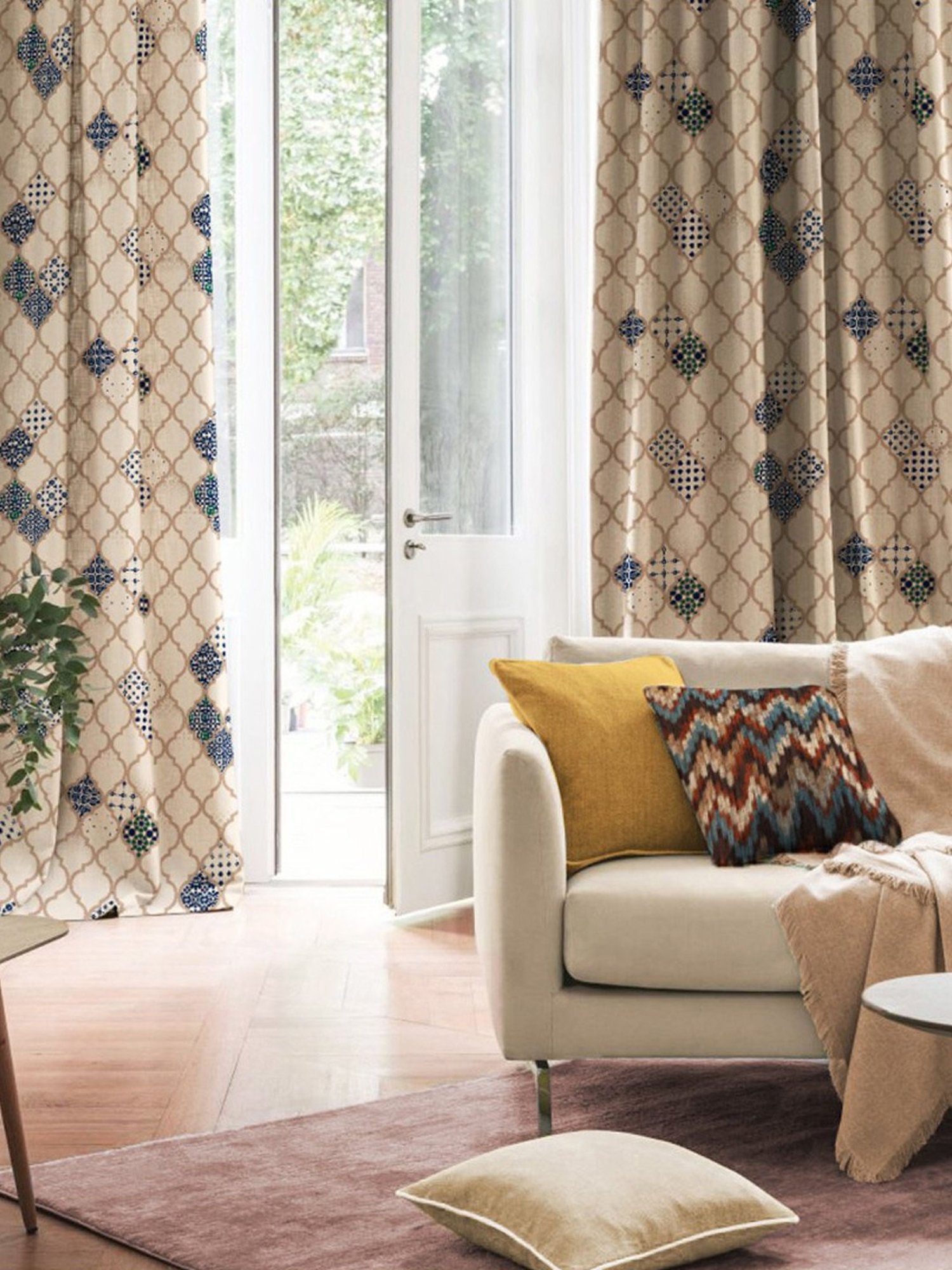 SPACES DRAPE STORY Elegant Printed Blue & Cream Polyester 7 ft Door Curtains - Set of 4