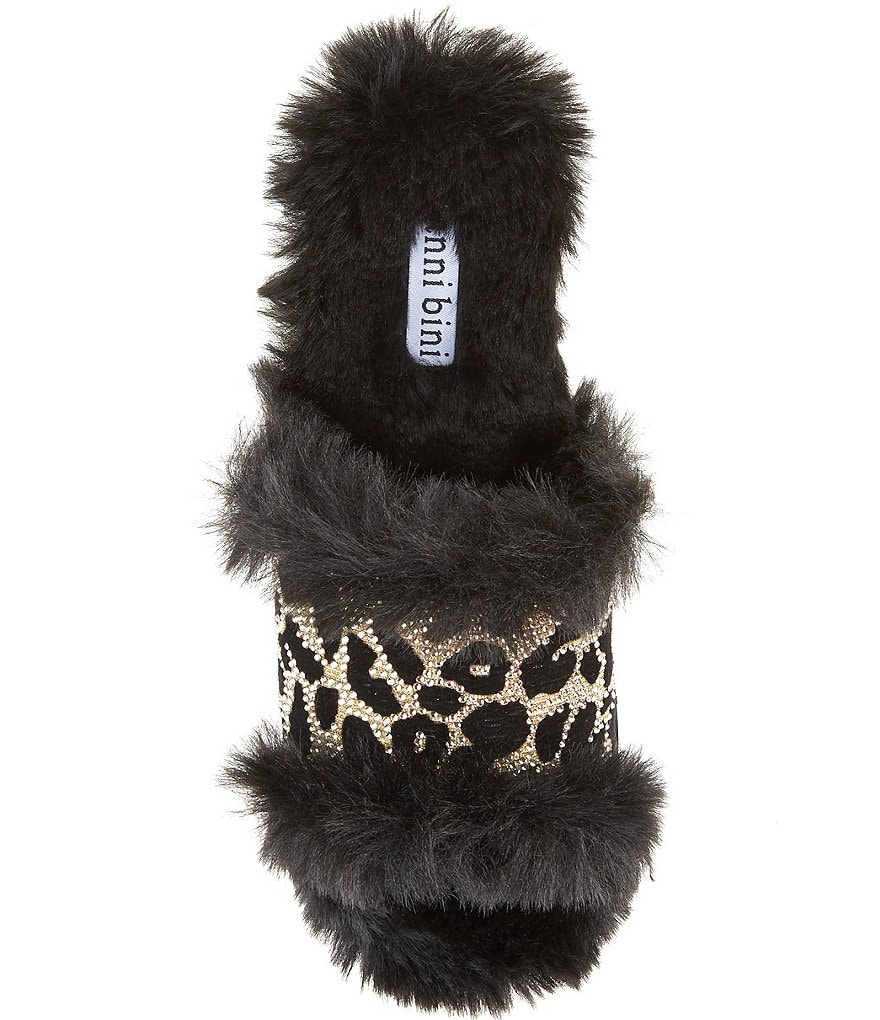 Gianni Bini Cushyy Faux Fur Rhinestone Embellished Leopard Print Slippers