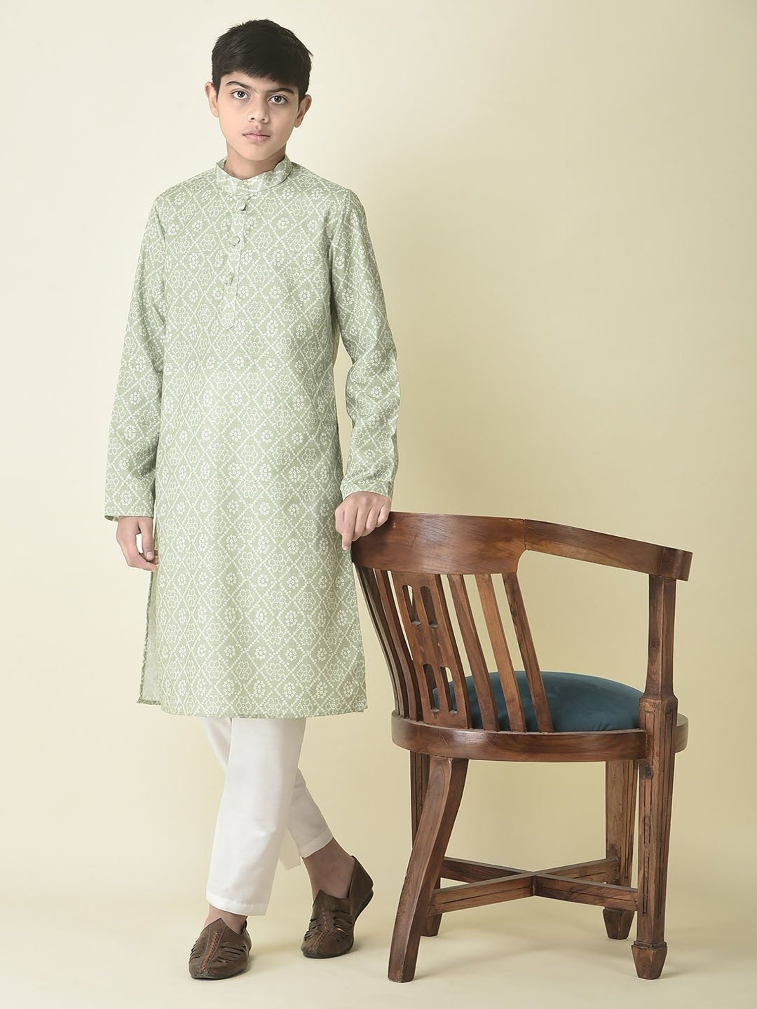 TABARD Kids Green Printed Full Sleeves Kurta