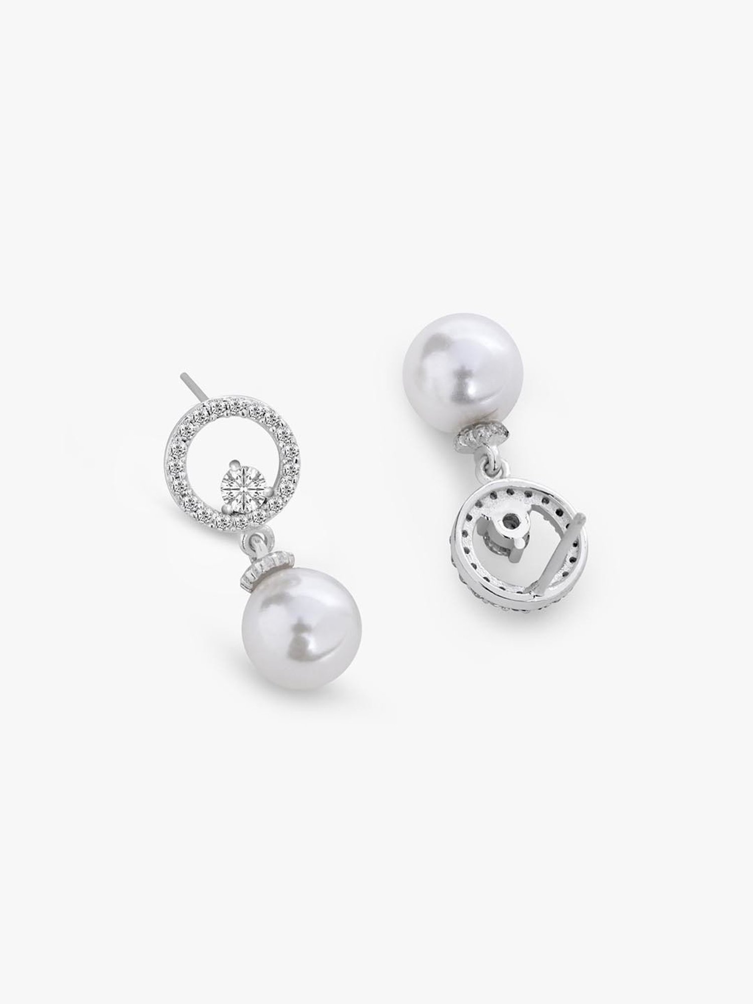 March by FableStreet Silver White Pearl & Zircon Drop Earrings for Women
