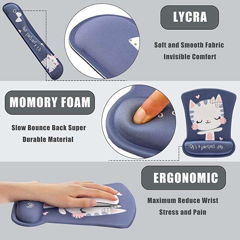 Keyboard Wrist Rest Pad and Mouse Wrist Rest Support Mouse Pad SetDurable Comfortable Lightweight for Easy Typing Pain ReliefErgonomic Support Cute Cat