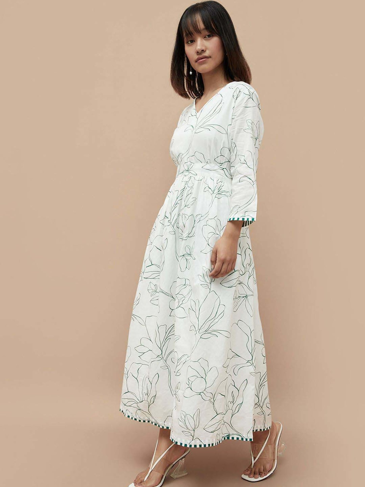 Colour Me by Melange White Cotton Printed Maxi Dress