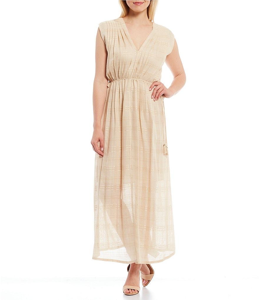 Chelsea & Violet Rayon Sequin Stripe Pleated Sleeveless V-Neck Ankle Length Dress