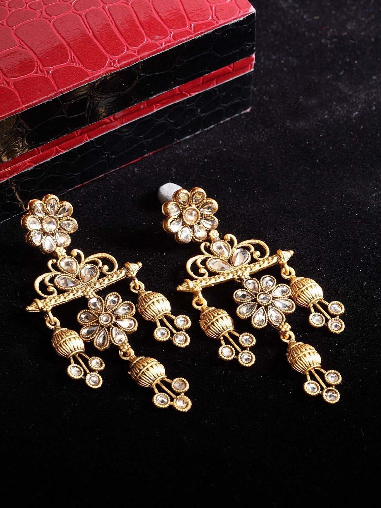 Panash Gold-Plated & Handcrafted Kundan Contemporary Shaped Dangler Earrings
