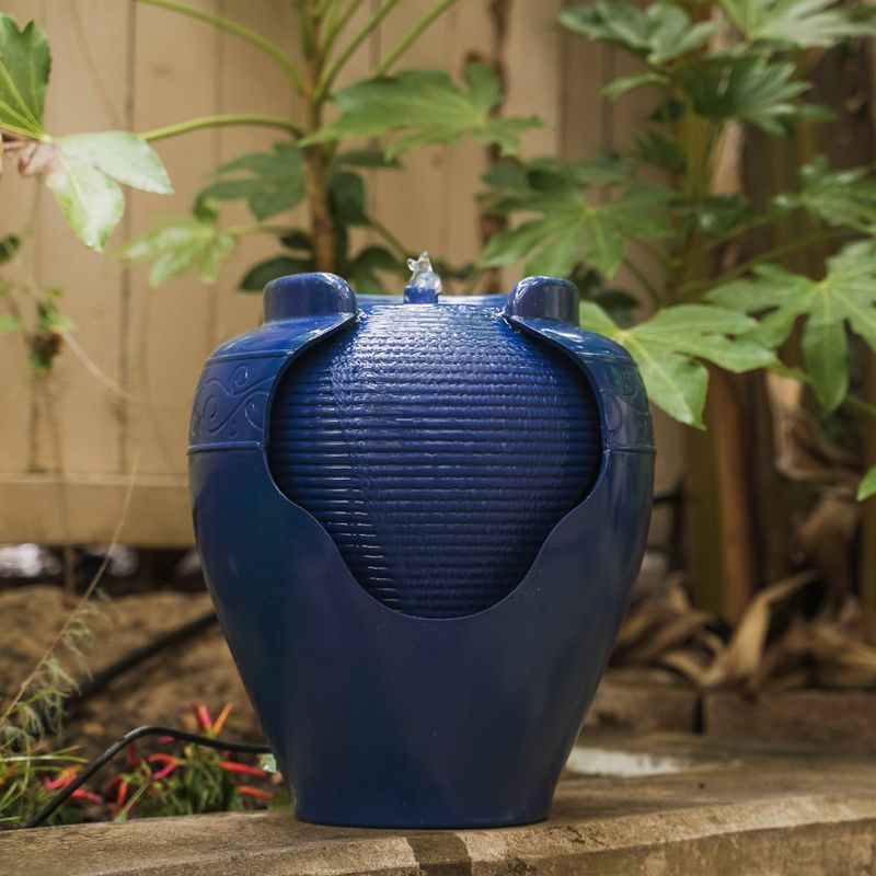 17" Round Outdoor Vase Fountain with Ridges and Waterfall Blue - XBrand