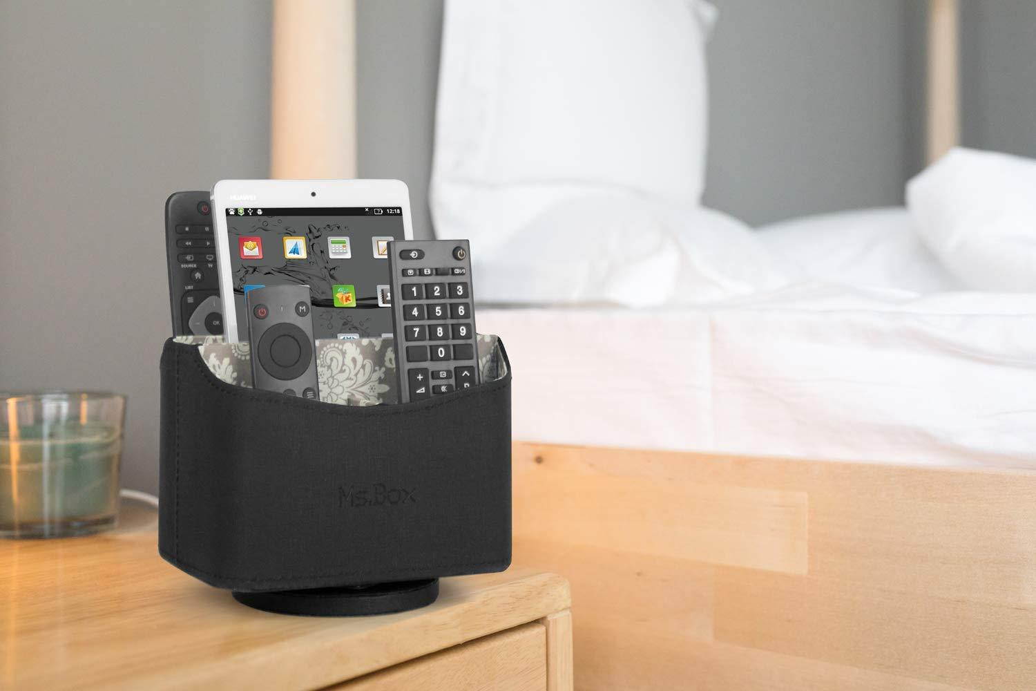 Spinning Rotating Smoothly Remote Control/Controller Holder Organizer, Remote Caddy with Beautiful Pattern&Soft lining, Desktop Organizer for Home/Office, Black PU Leather, 7.3x 5.5 x 6 inches