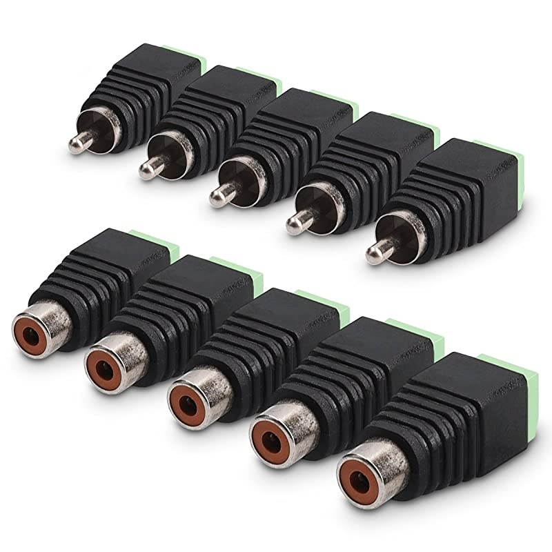 RCA Connector Adapter Plug Set - 5 Pairs RCA Female and Male Plug to AV Screw Terminal Audio/Video Connector Adapter - Black with Green