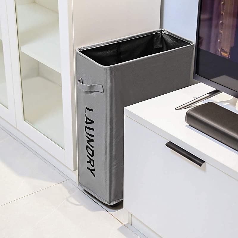 Laundry Hamper With Wheels Slim Laundry Basket Foldable Dirty Clothes Basket Portable Rolling Laundry Organizer for Corner Narrow (22 inches, Grey)