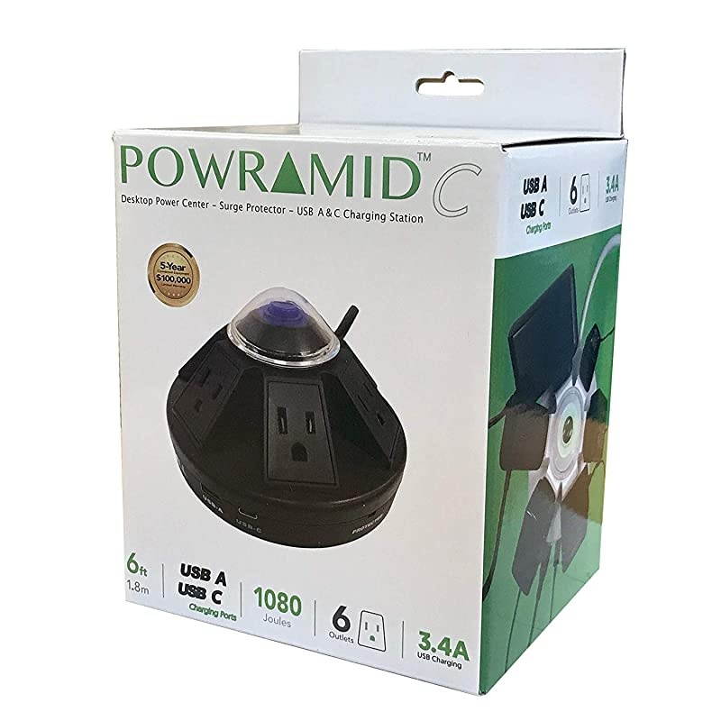 Powramid USBC Surge Protector USBC amp USBA Charging Ports 34A 6 Outlets 6Foot Cord 1080 Joules UL Listed Black Grounded Extension Cord Power Strip