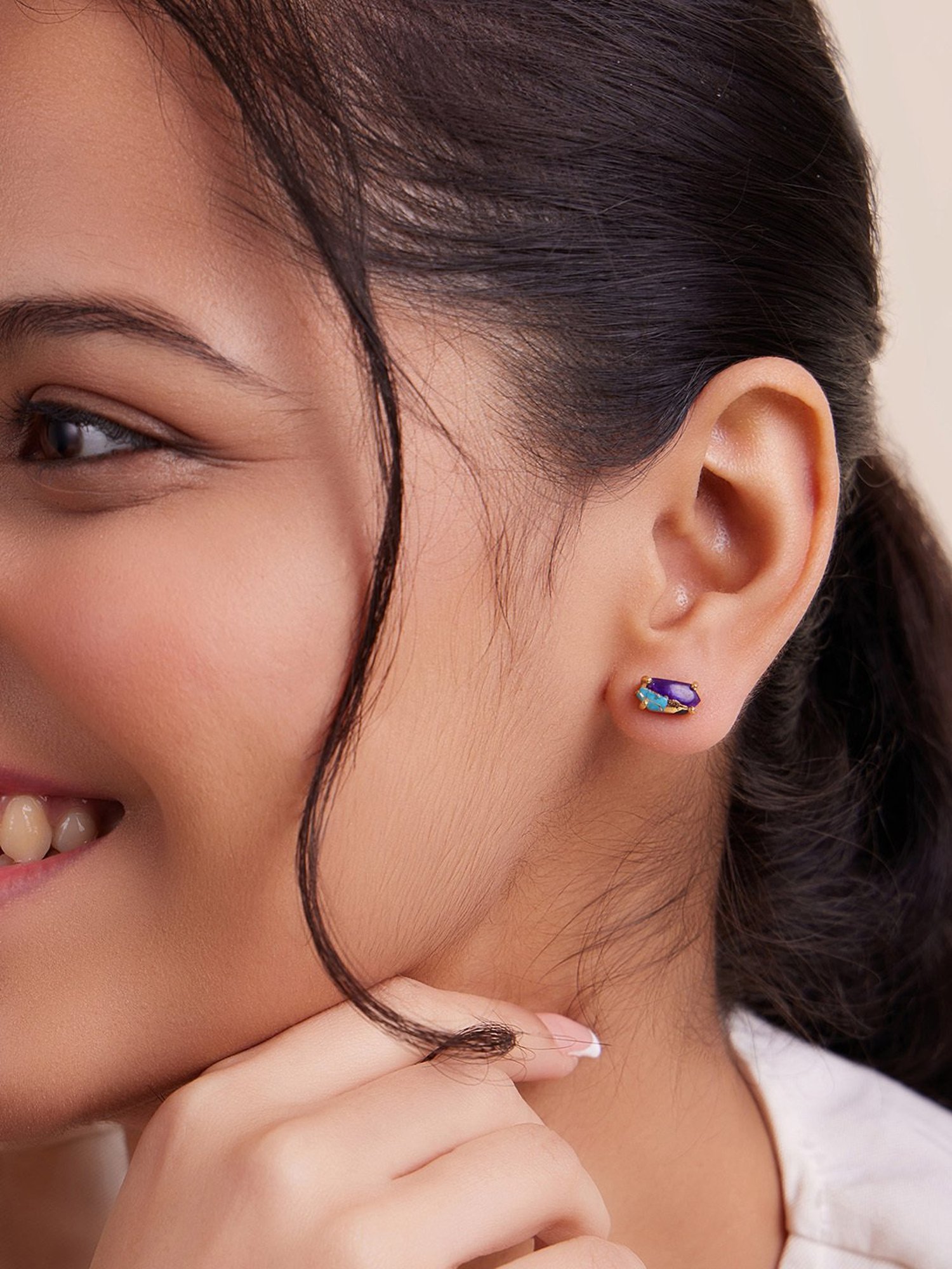 March by FableStreet 92.5 Sterling Silver 18k Gold-Plated Amethyst Turquoise Stud Earrings for Women