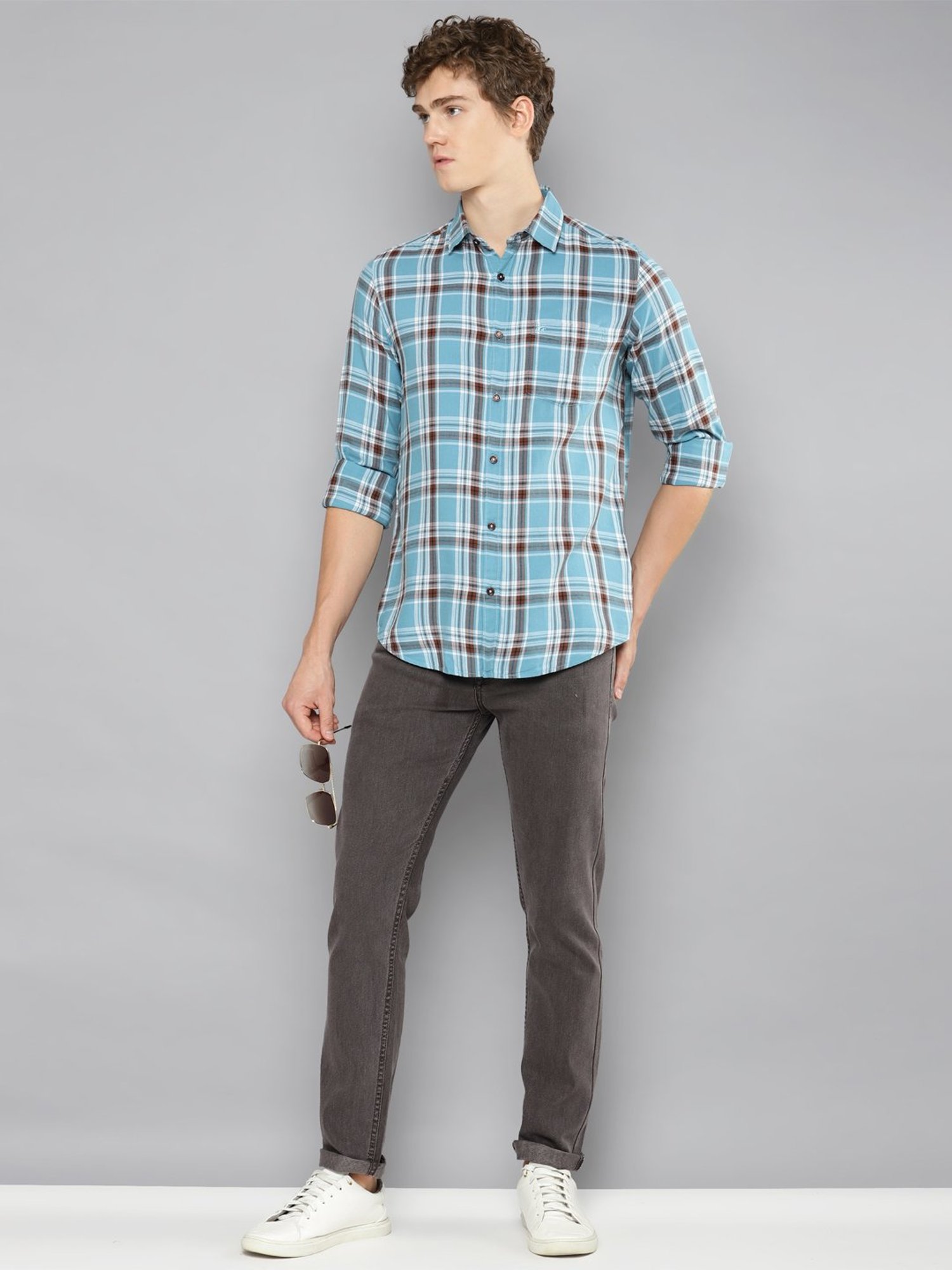 Allen cooper Blue Regular Fit Check Cotton Shirt