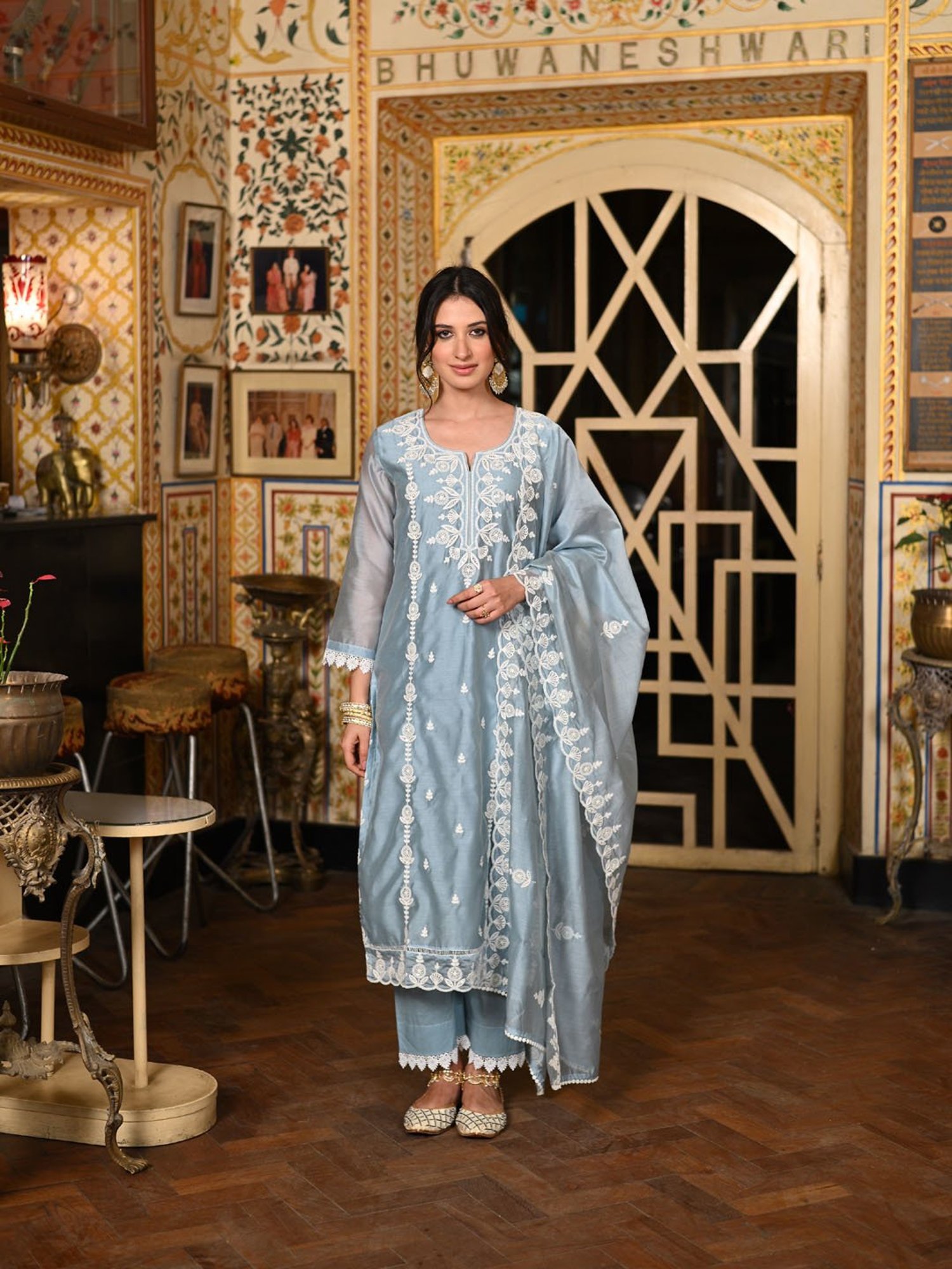 Mahee Jaipur Blue Chand Pure Chanderi Suit Set with Threadwork and Scallope dupatta