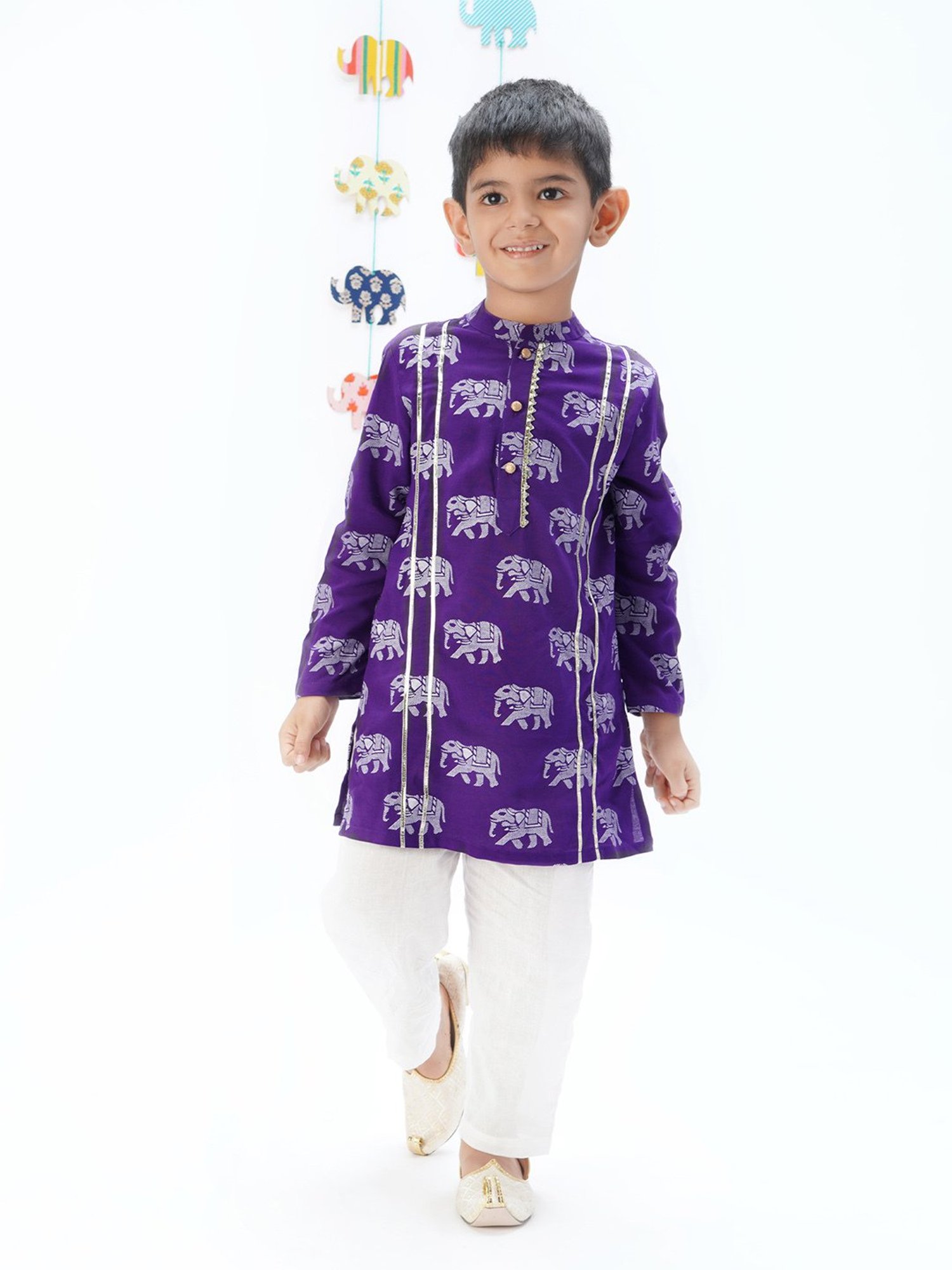 Lil Drama Kids Purple & White Printed Full Sleeves Kurta with Pants