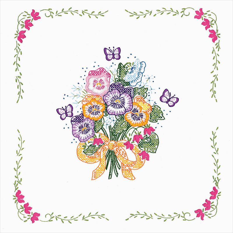 Tobin Stamped White Quilt Blocks 18"X18" 6/Pkg-Pansies