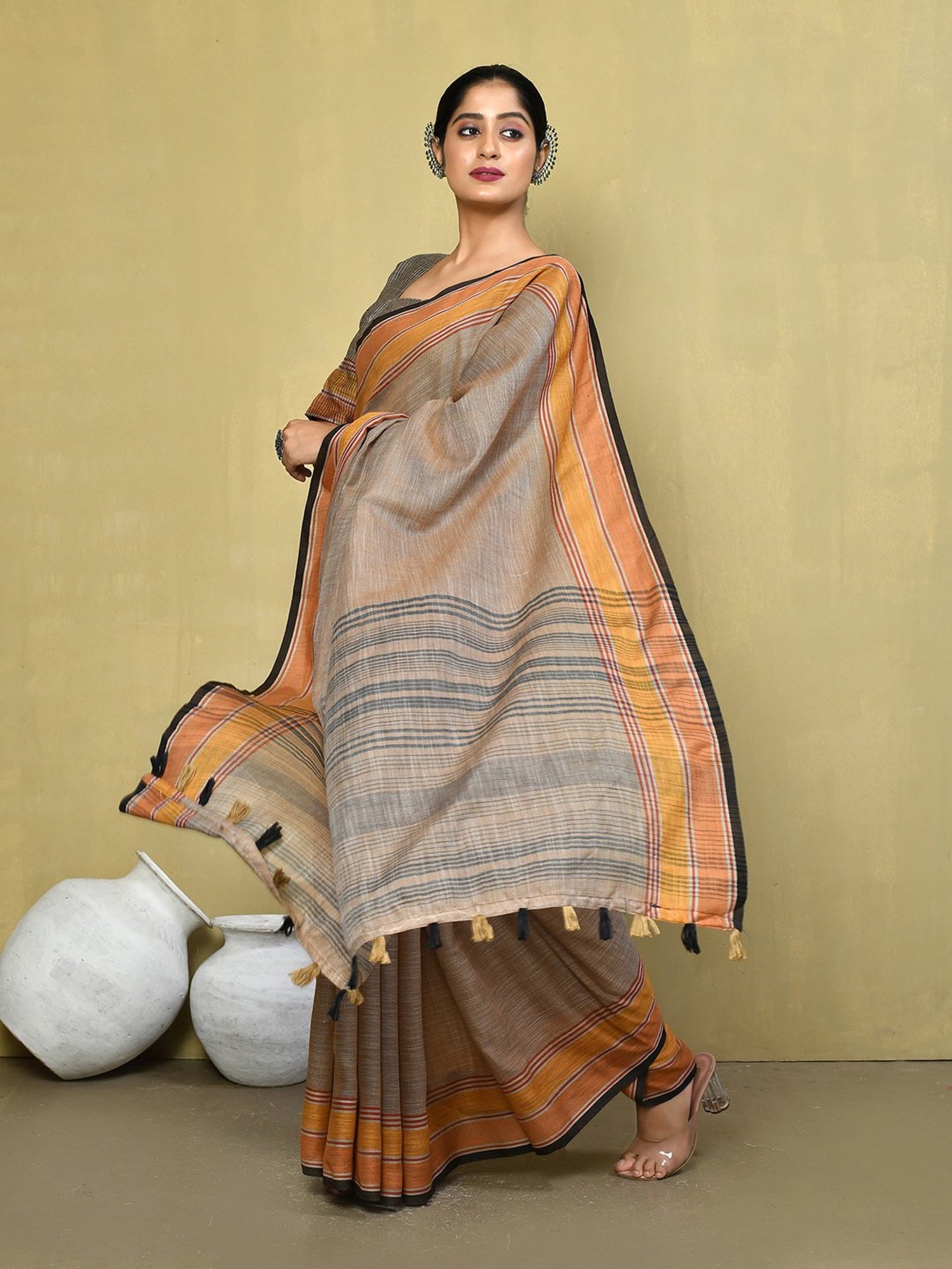 Elora Brown Linen Striped Saree With Blouse