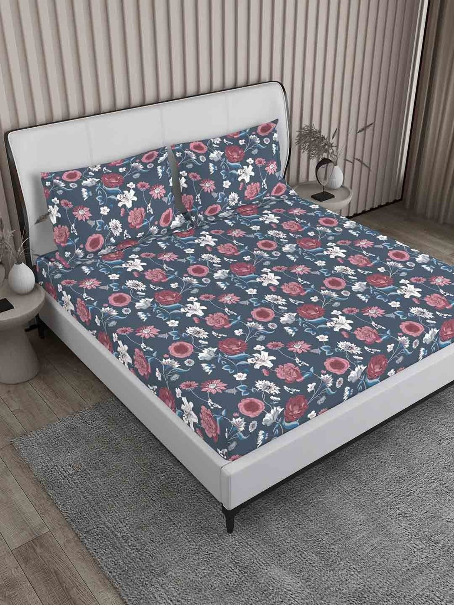 Boutique Living Magnifique  Floral Blue 200 TC Cotton King Bed Sheet with 2 Pillow Covers
