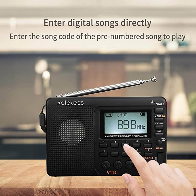 V115 Shortwave Radio AM FM Radio Digital Tuner Rechargeable Radio Support Recording Portable MP3 Radio with Bass and TF Socket Black