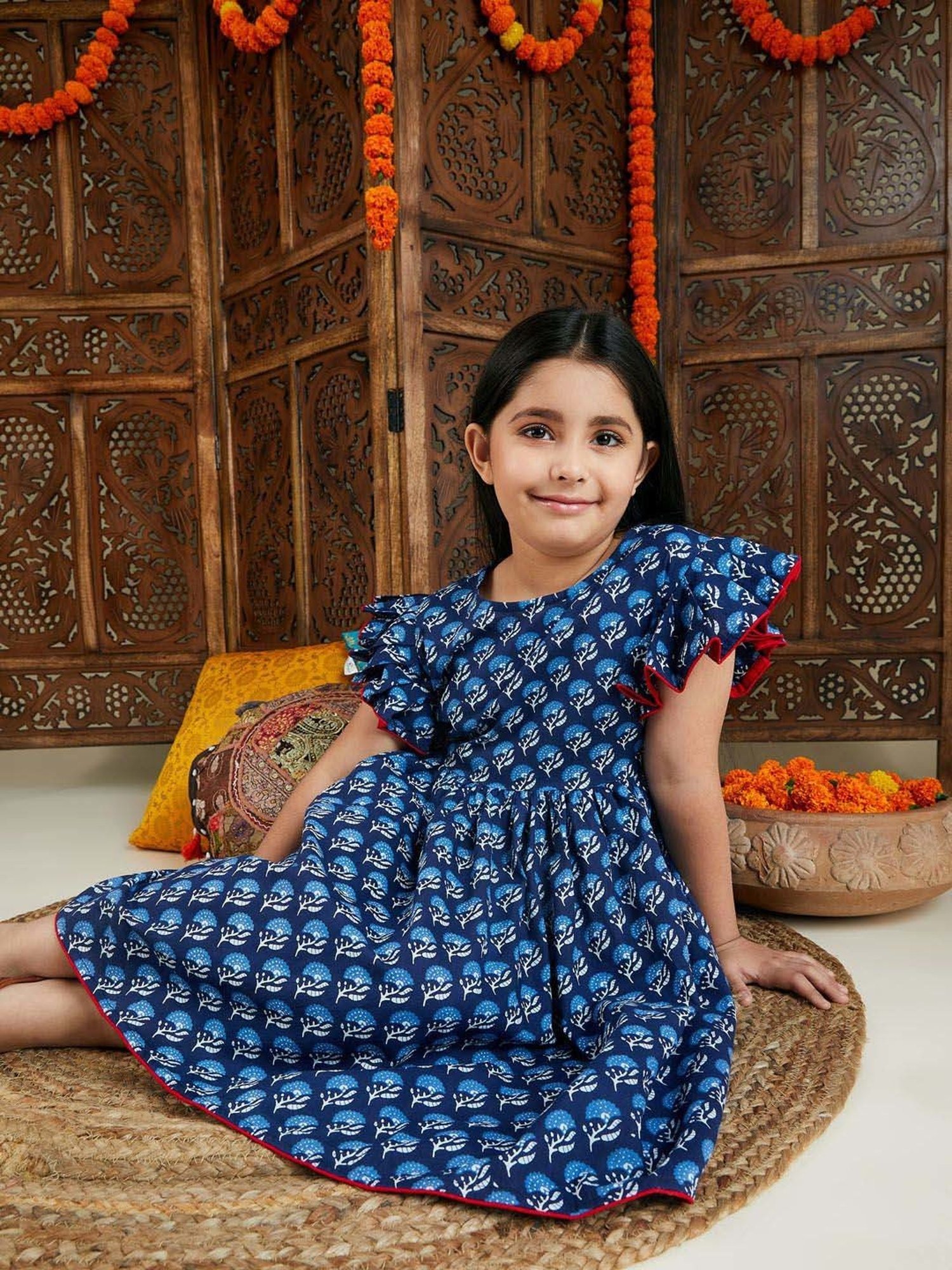 VASTRAMAY Girls Indigo Blue Cotton Floral Dresses