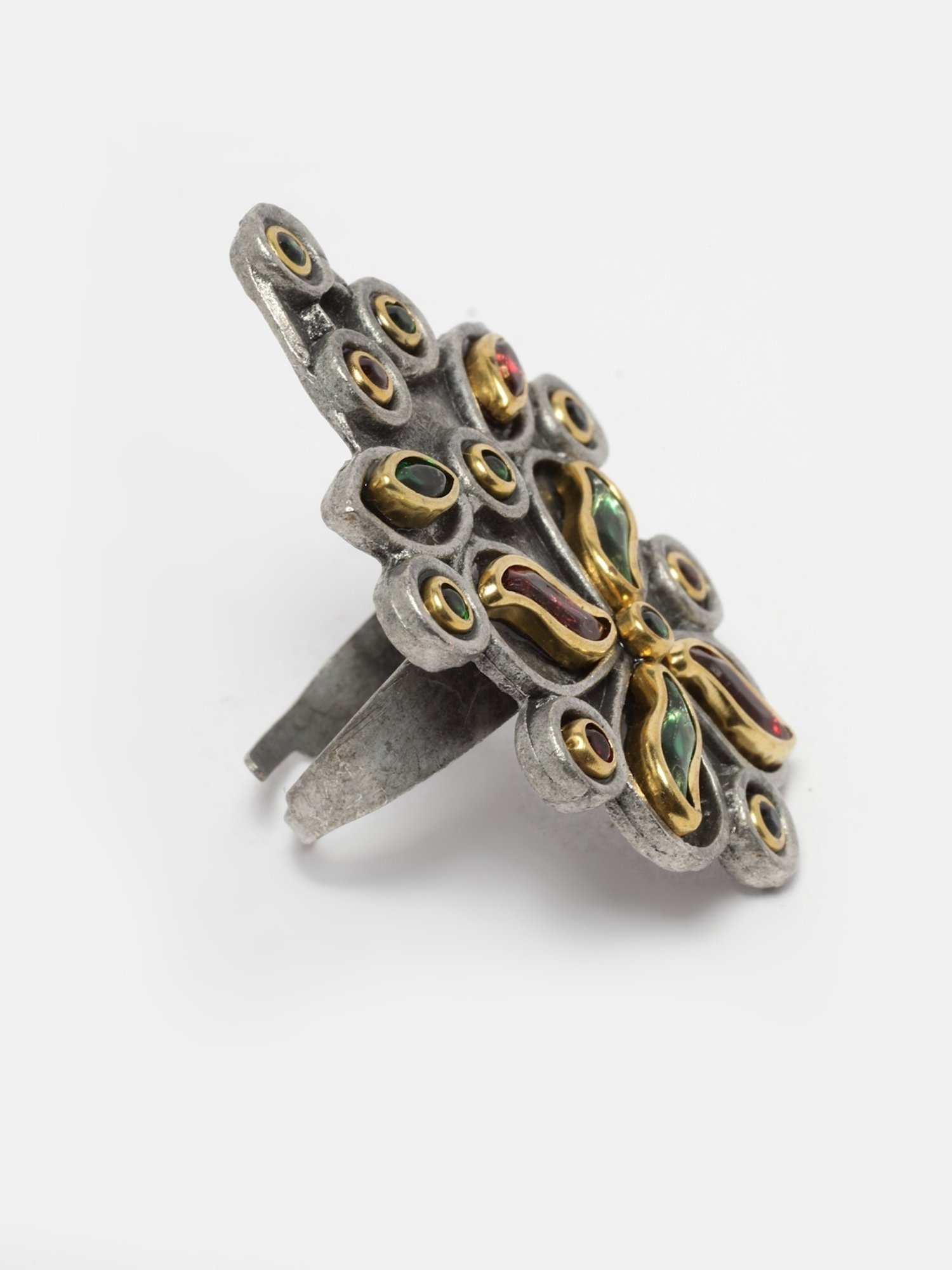 Moedbuille Crystals Studded Antique Tribal Design Oxidised Silver Plated Handcrafted Finger Ring