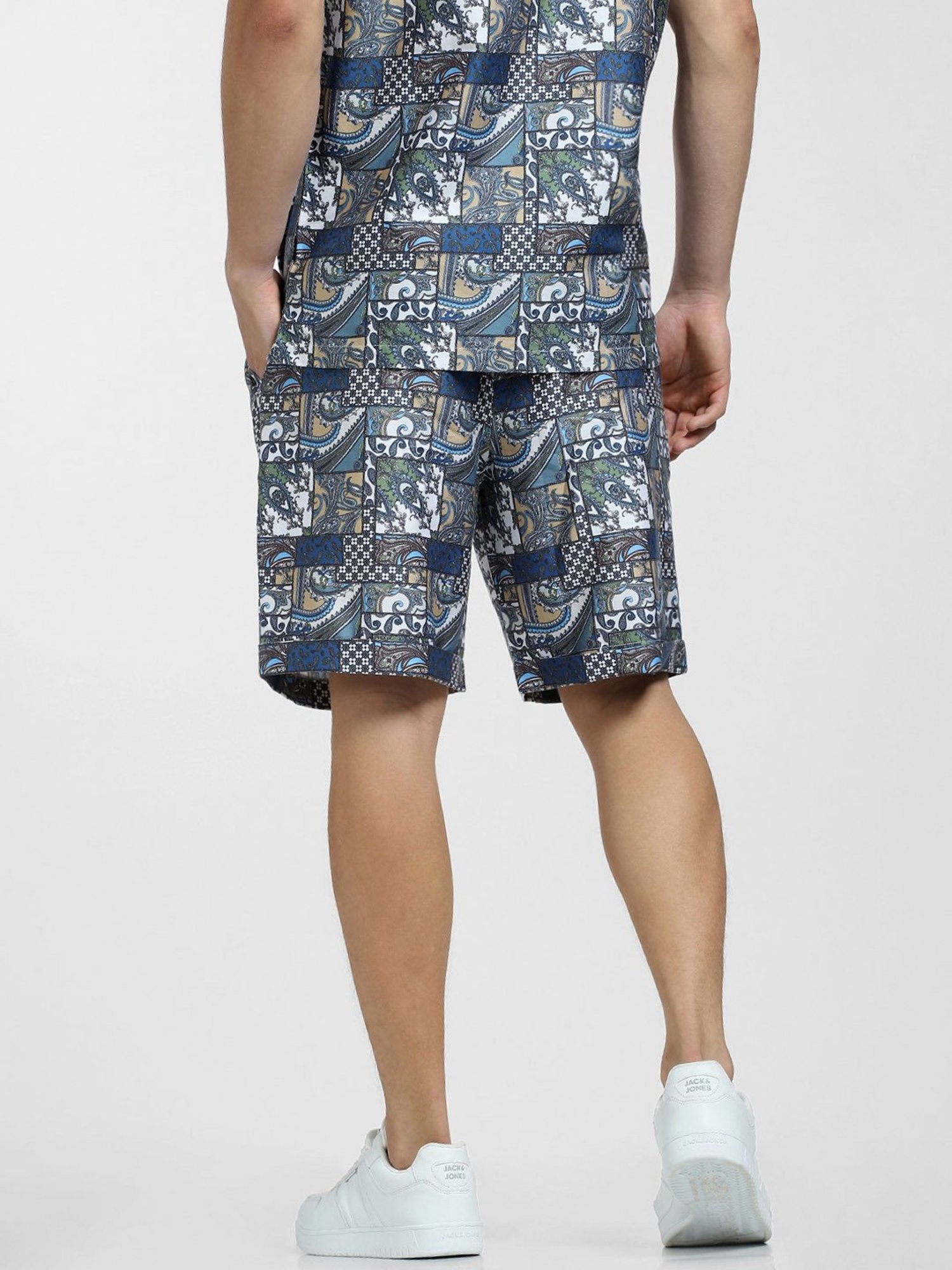 Jack & Jones Teal Blue Regular Fit Printed Cotton Shorts