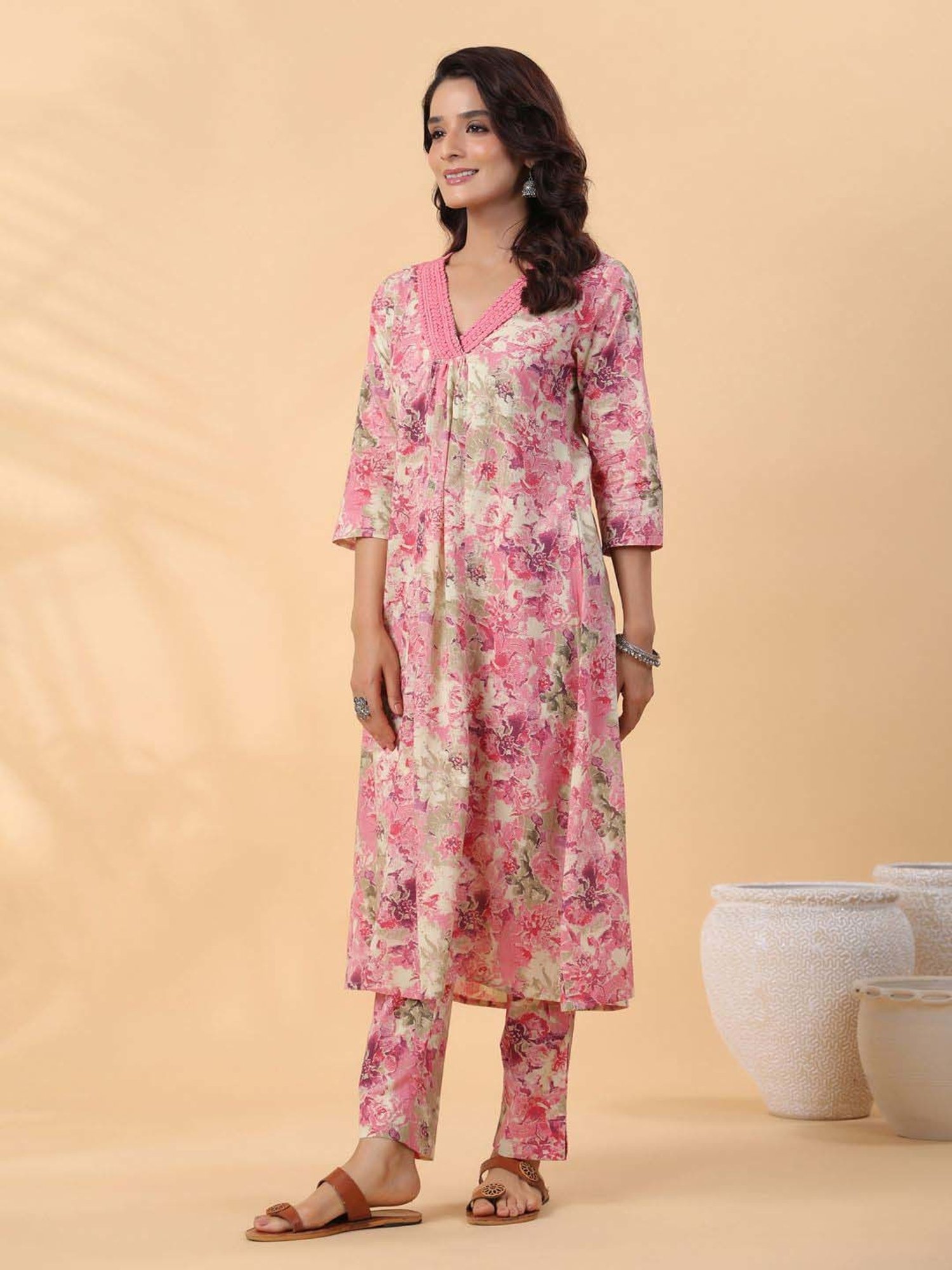 Janasya Beige Cotton Printed Kurta & Pant Set