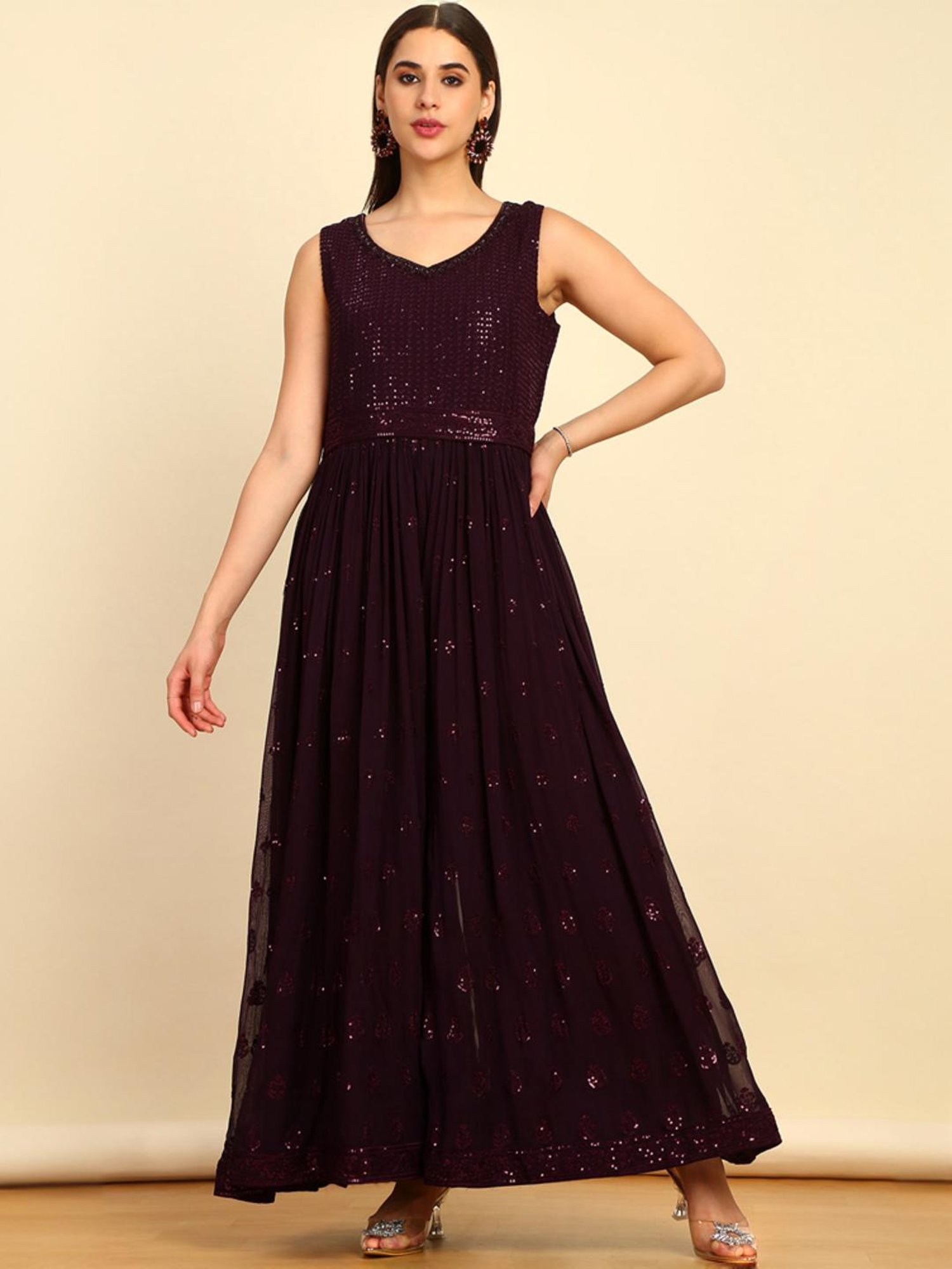 Soch Womens Wine Embellished Georgette Jumpsuit With Dupatta & Belt