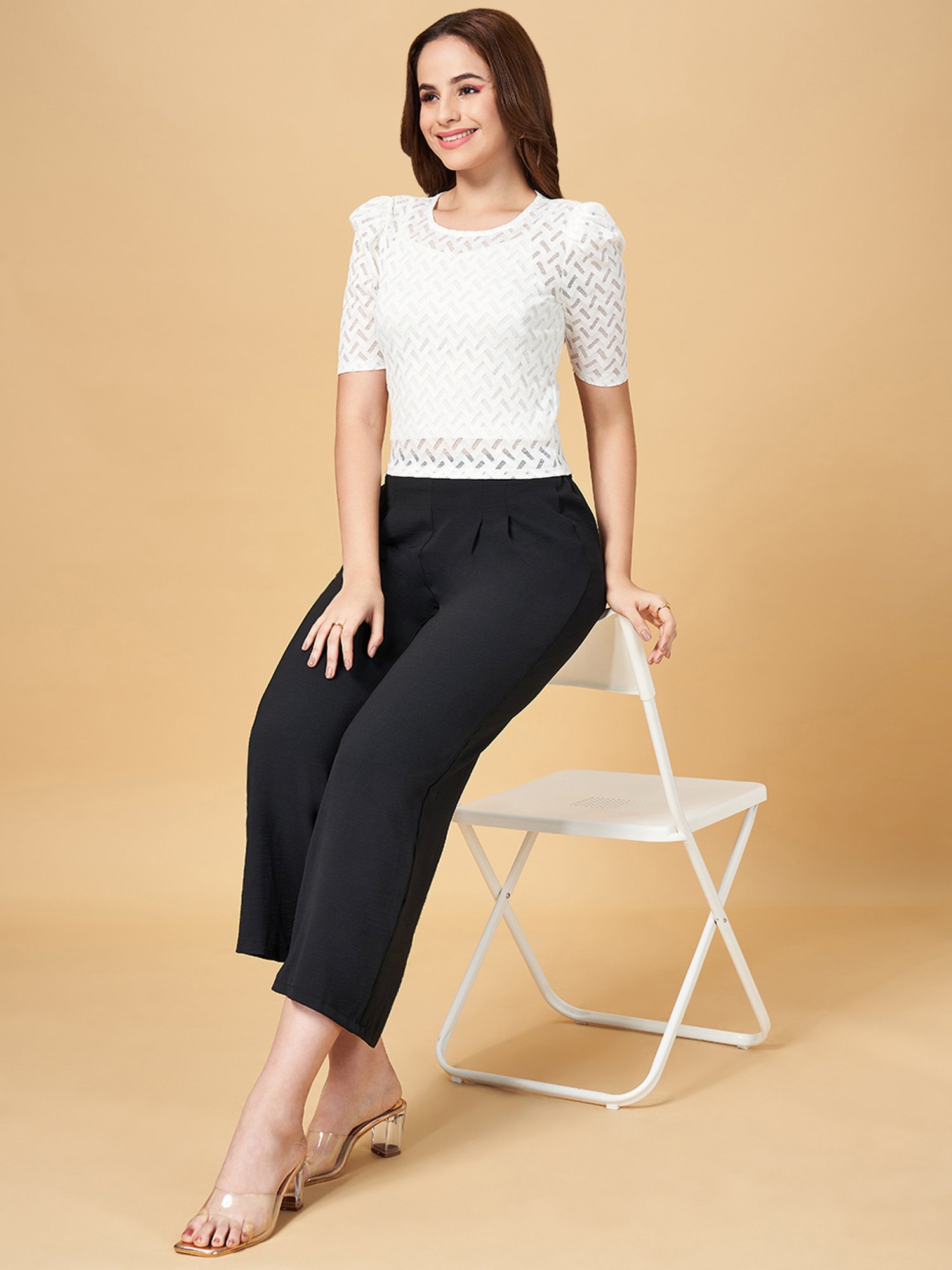 People by Pantaloons Off-White Self Pattern Top