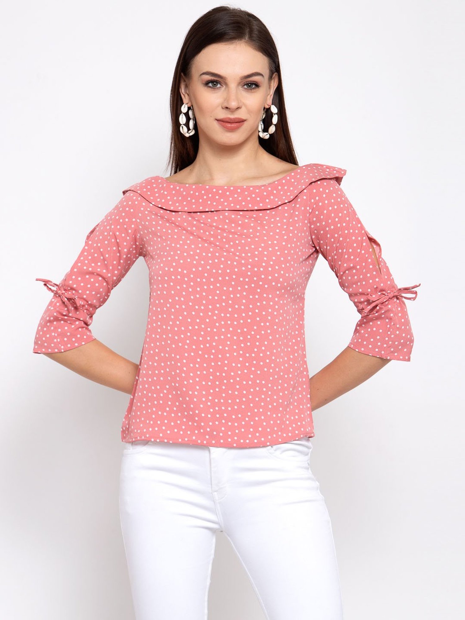 style quotient women Pink and White polka printed polycrepe smart casual top