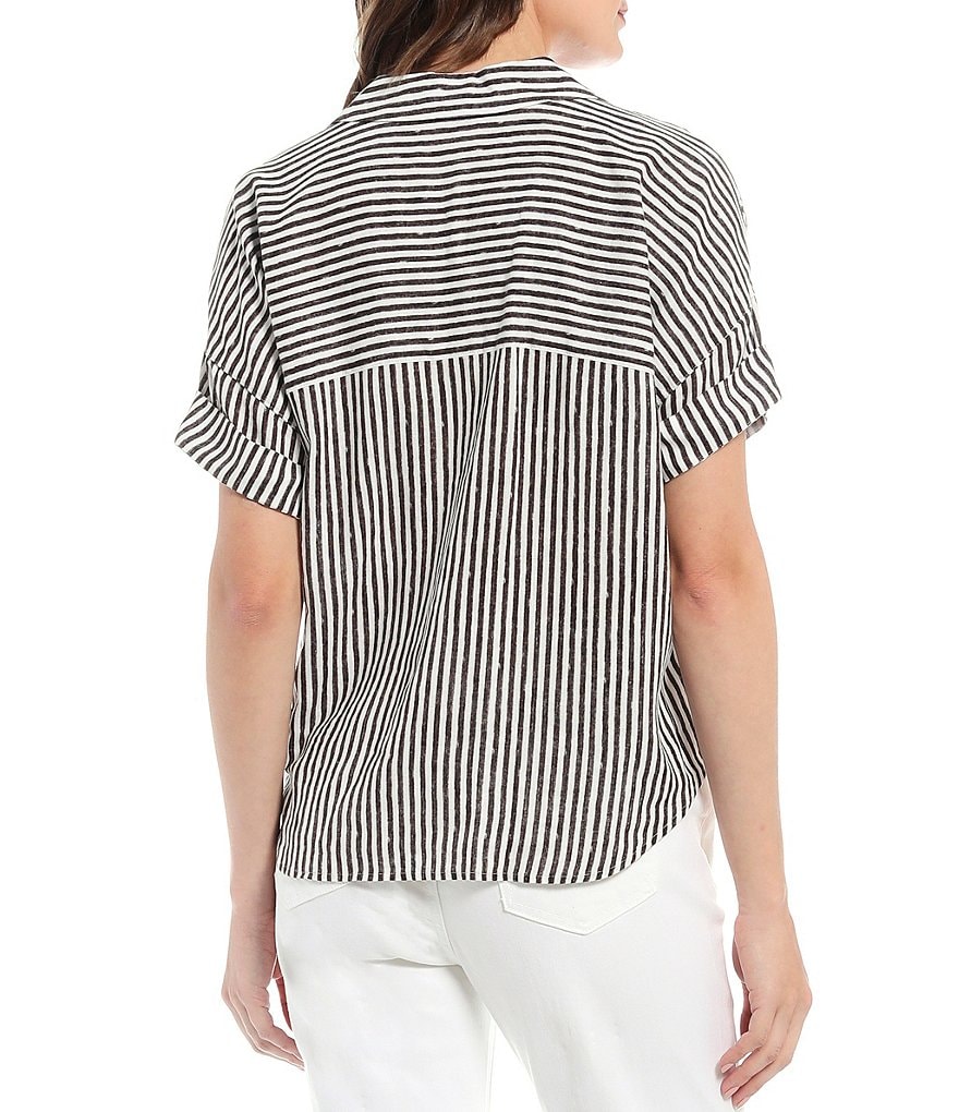 Westbound Textured Stripe Drop Shoulder One Pocket Button Down Shirt