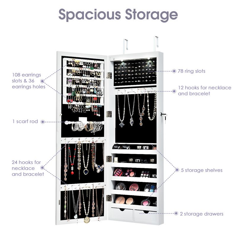 Costway Wall Mount Mirrored Jewelry Cabinet Organizer LED Lights