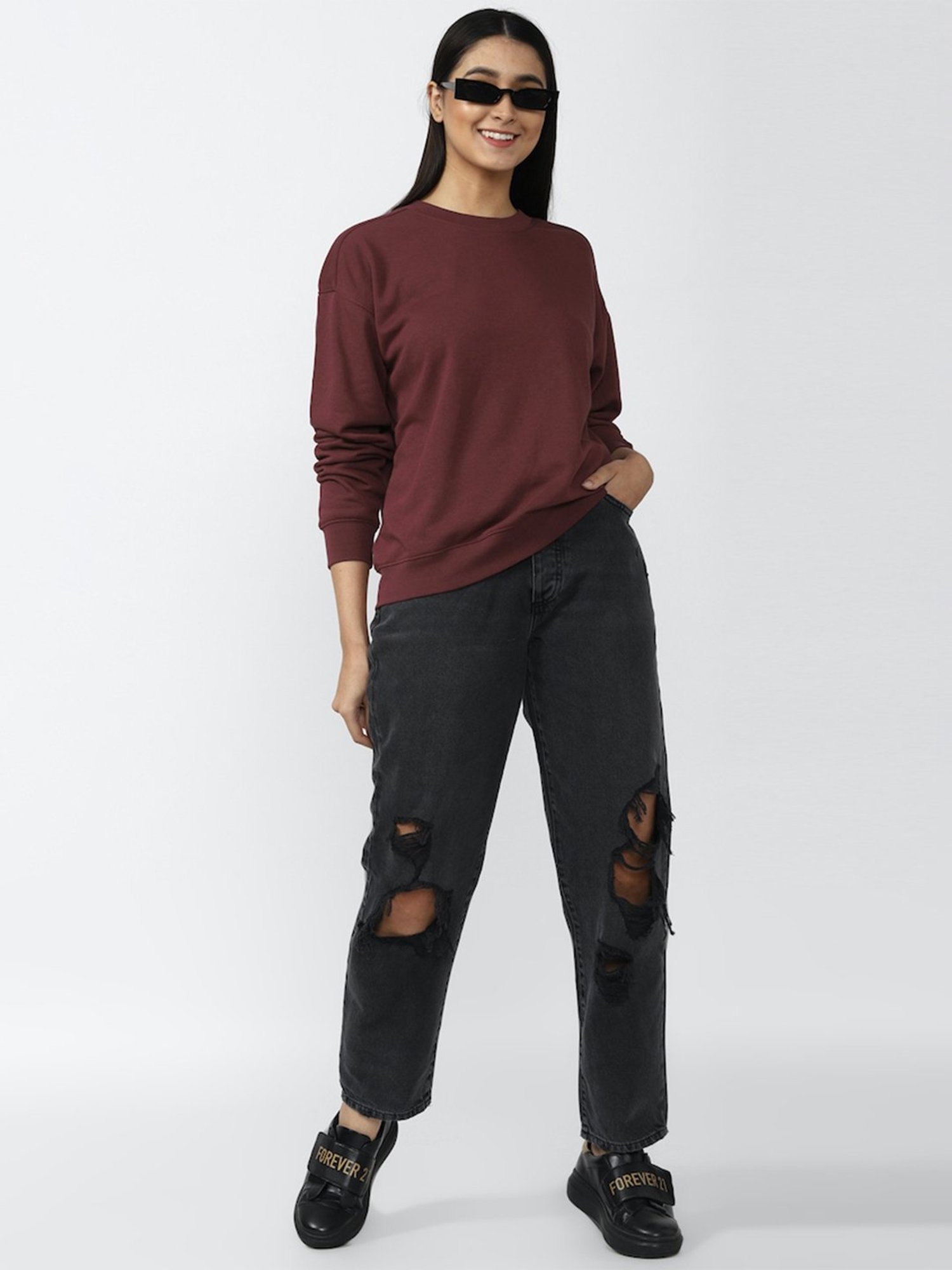 Forever 21 Maroon Round Neck Pullover