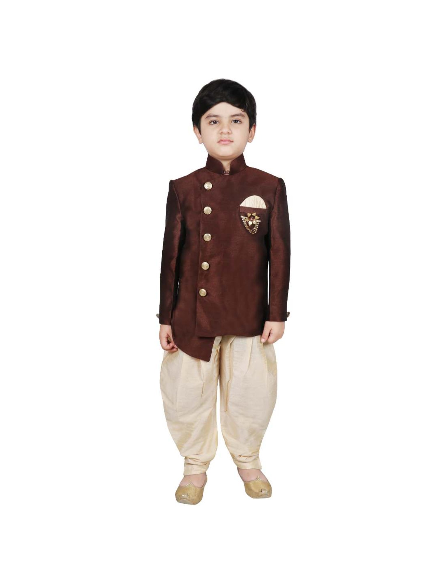 SG Yuvraj Kids Brown & White Solid Sherwani with Pyjama