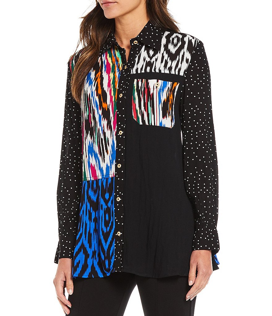 Calessa Patchwork Mixed Print Long Sleeve Button Front Shirt