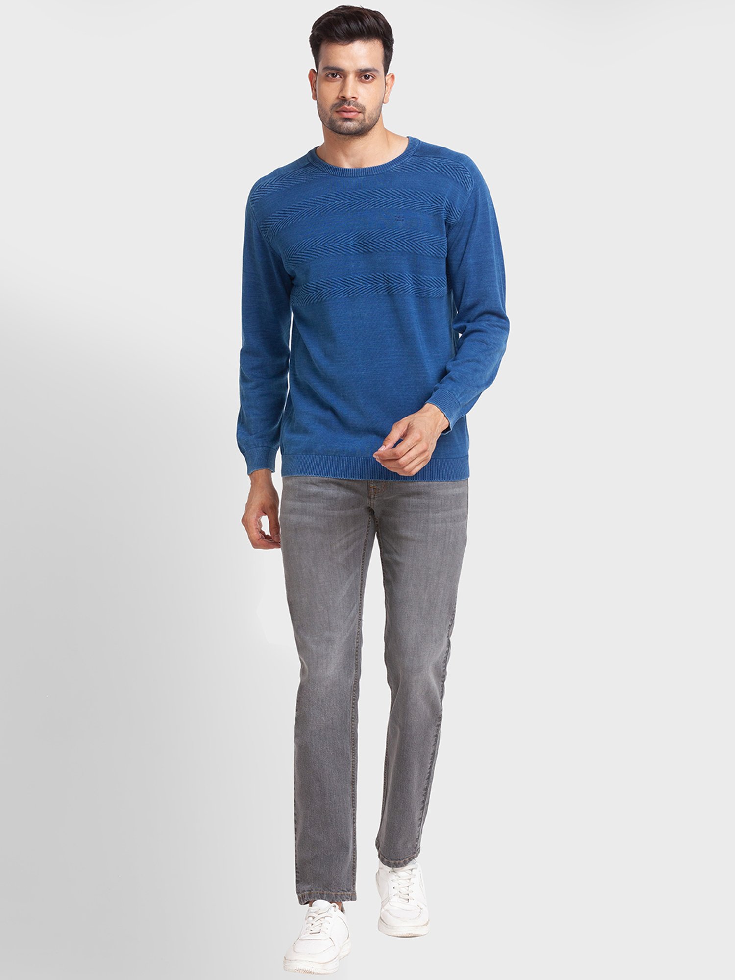 ColorPlus Blue Cotton Tailored Fit Self Pattern Sweaters