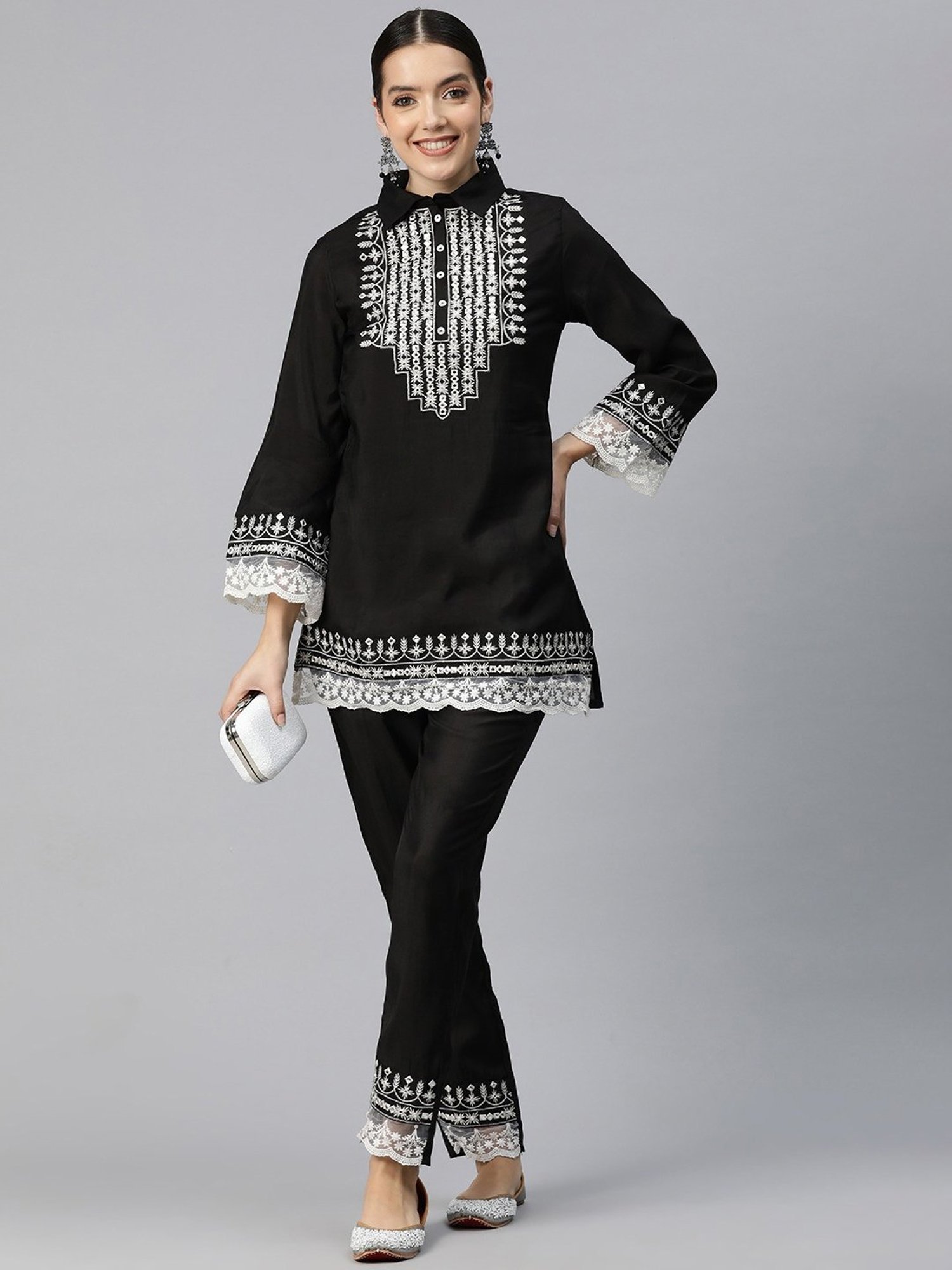 READIPRINT FASHIONS Black Embroidered Tunic Pant Set