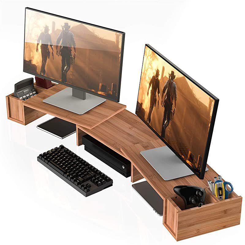 Large 3 Shelf Monitor Stand Riser with Adjustable Length Angle Storage OrganizerBamboo