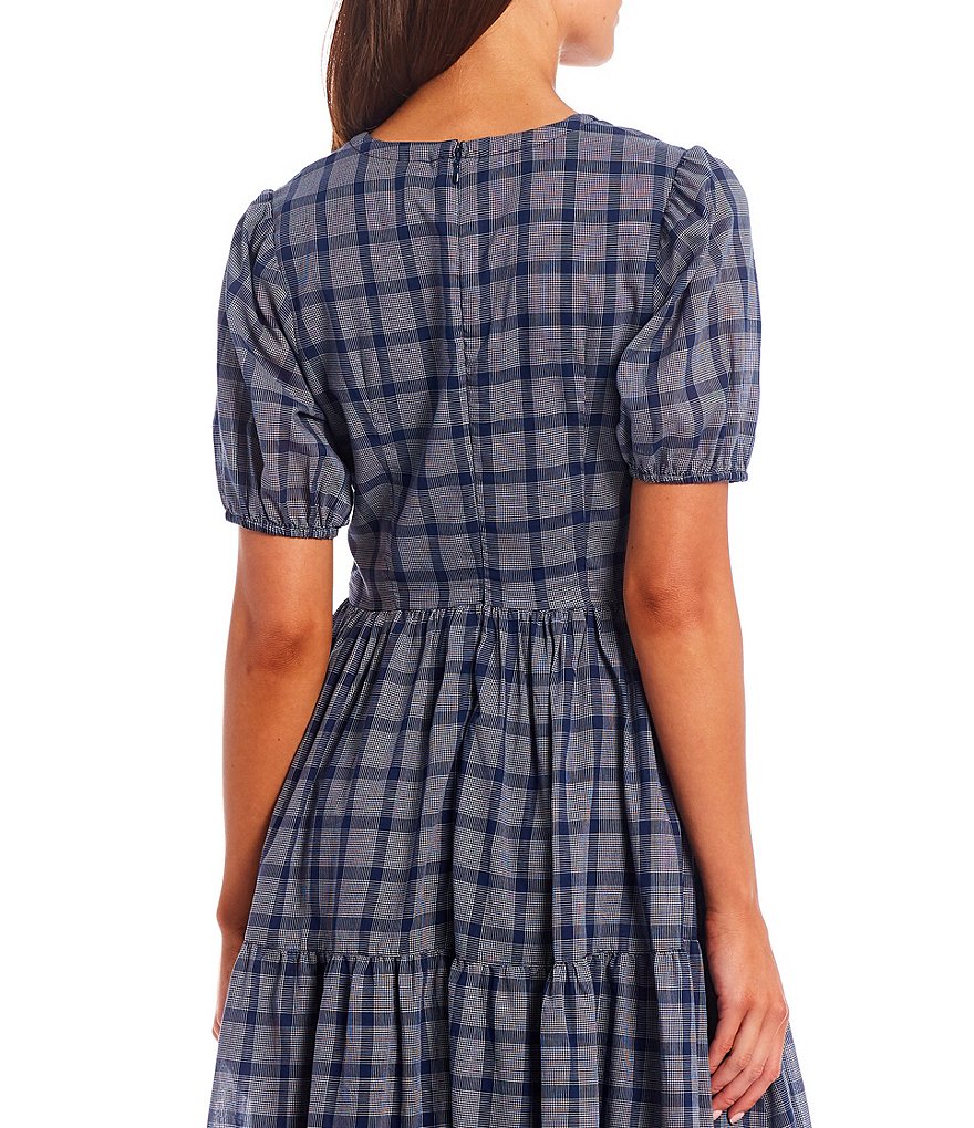 Pendleton Short Sleeve V-Neck Tiered Plaid Midi Dress