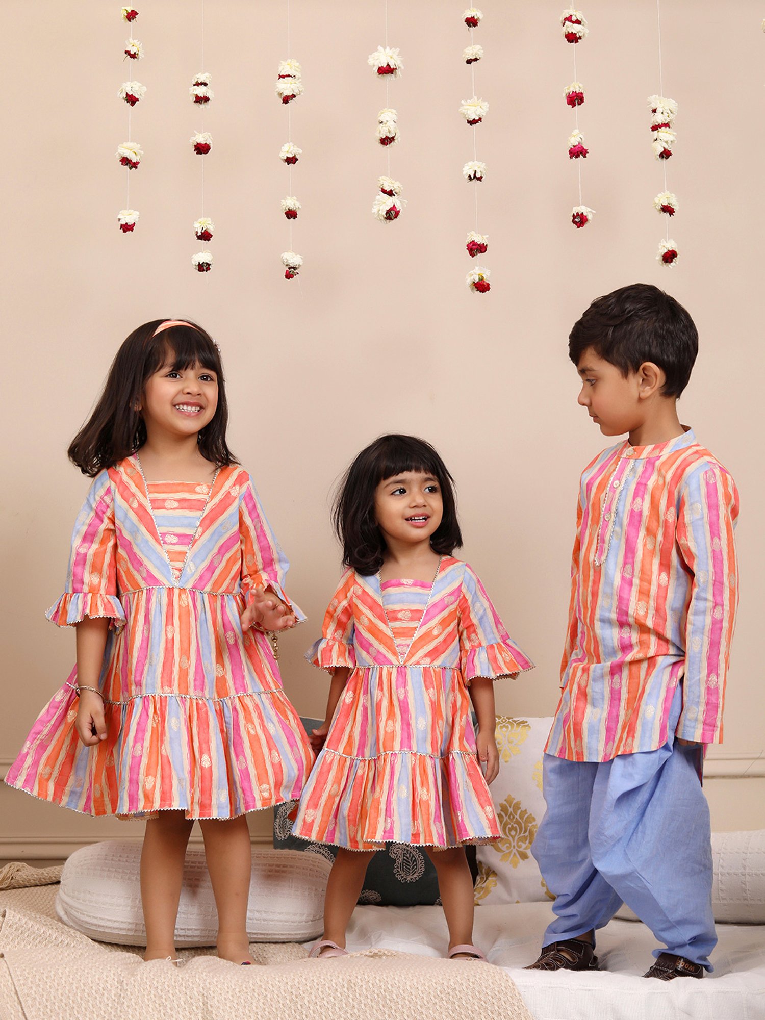 Budding Bees Girls Multicolor Striped Dress with Hairband