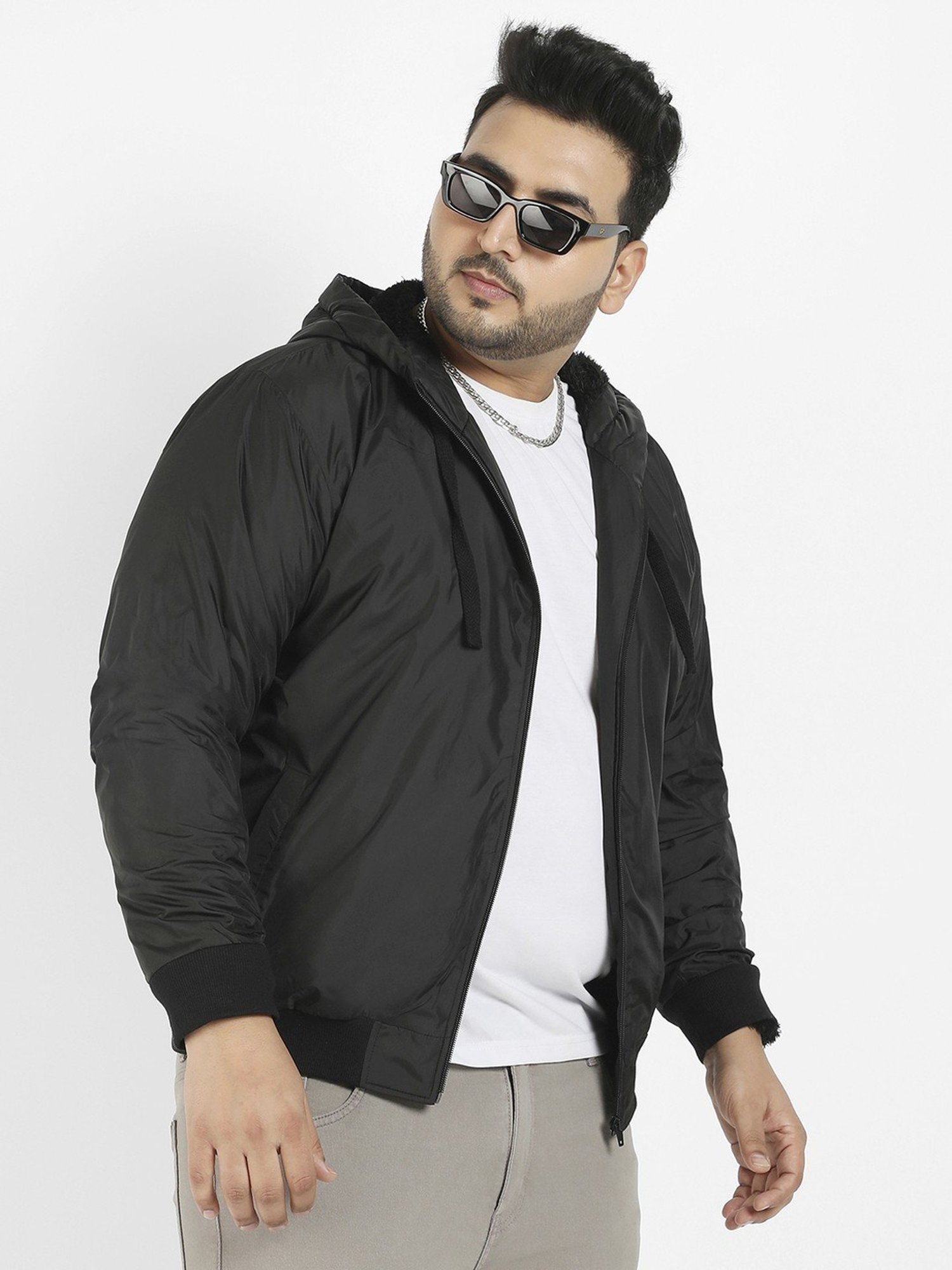 Instafab Plus Black Regular fit Plus Size Hooded Jacket