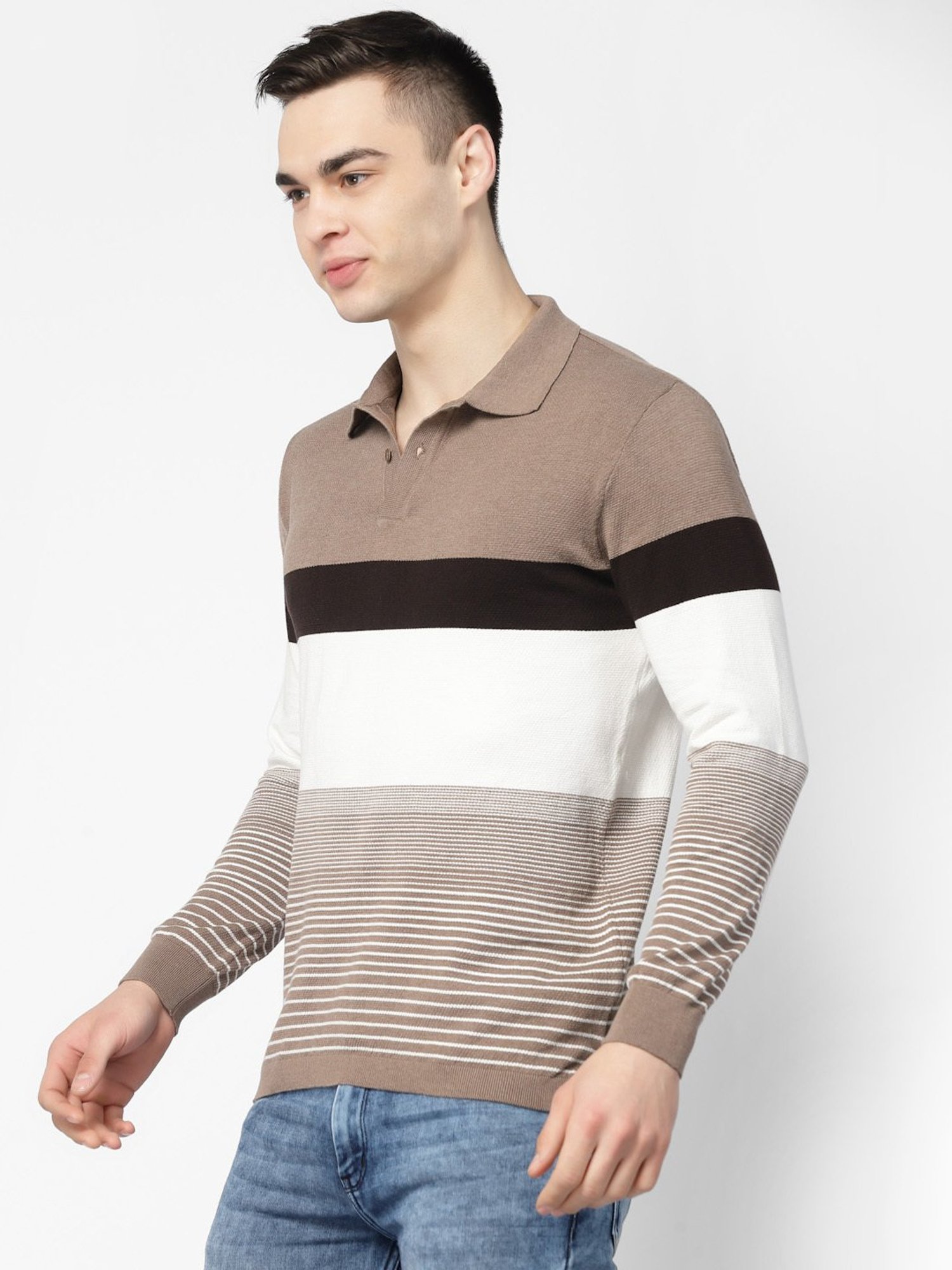 Kalt Brown & White Regular Fit Striped Polo T-Shirt