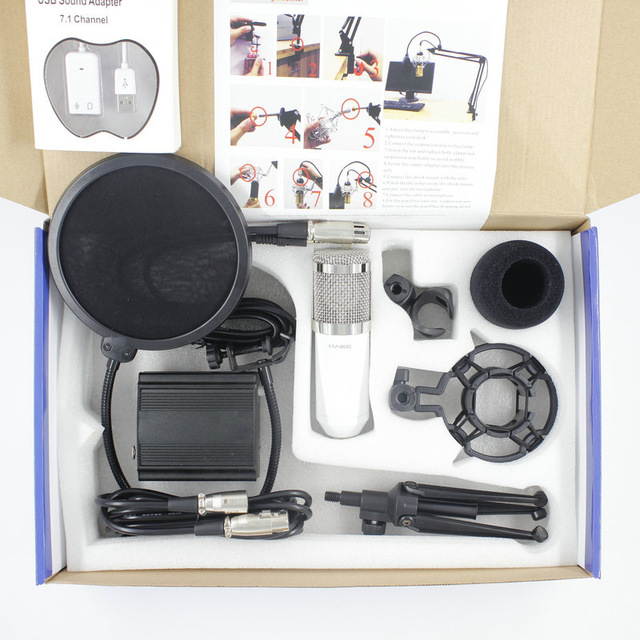 BM800 Condenser Microphone Cardioid Pro Audio Studio Vocal Recording Mic + 48V Phantom Power +Desk Stand +USB sound Adapter