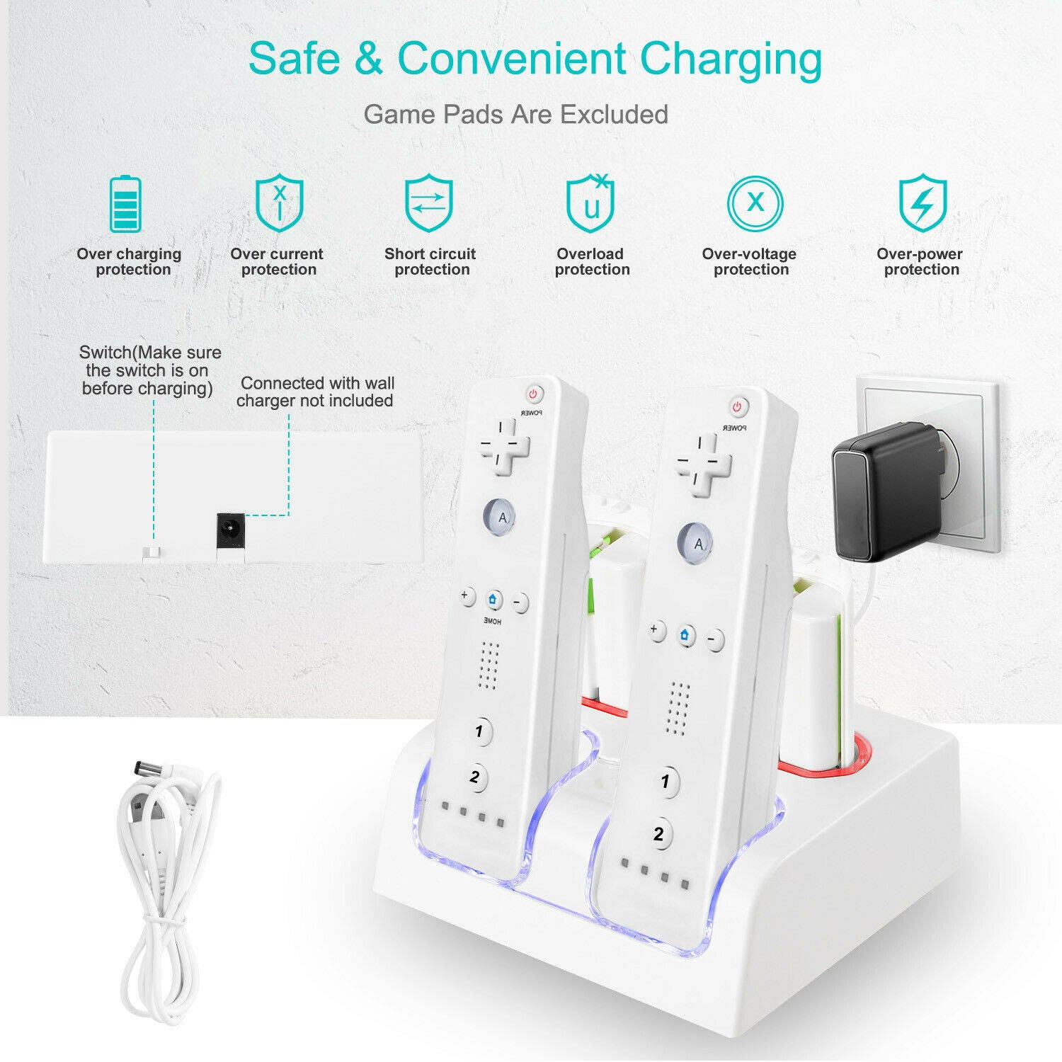 Quad Gamepad Charger Charging Dock w/ 2800mAh Batteries For Nintendo Wii Remote