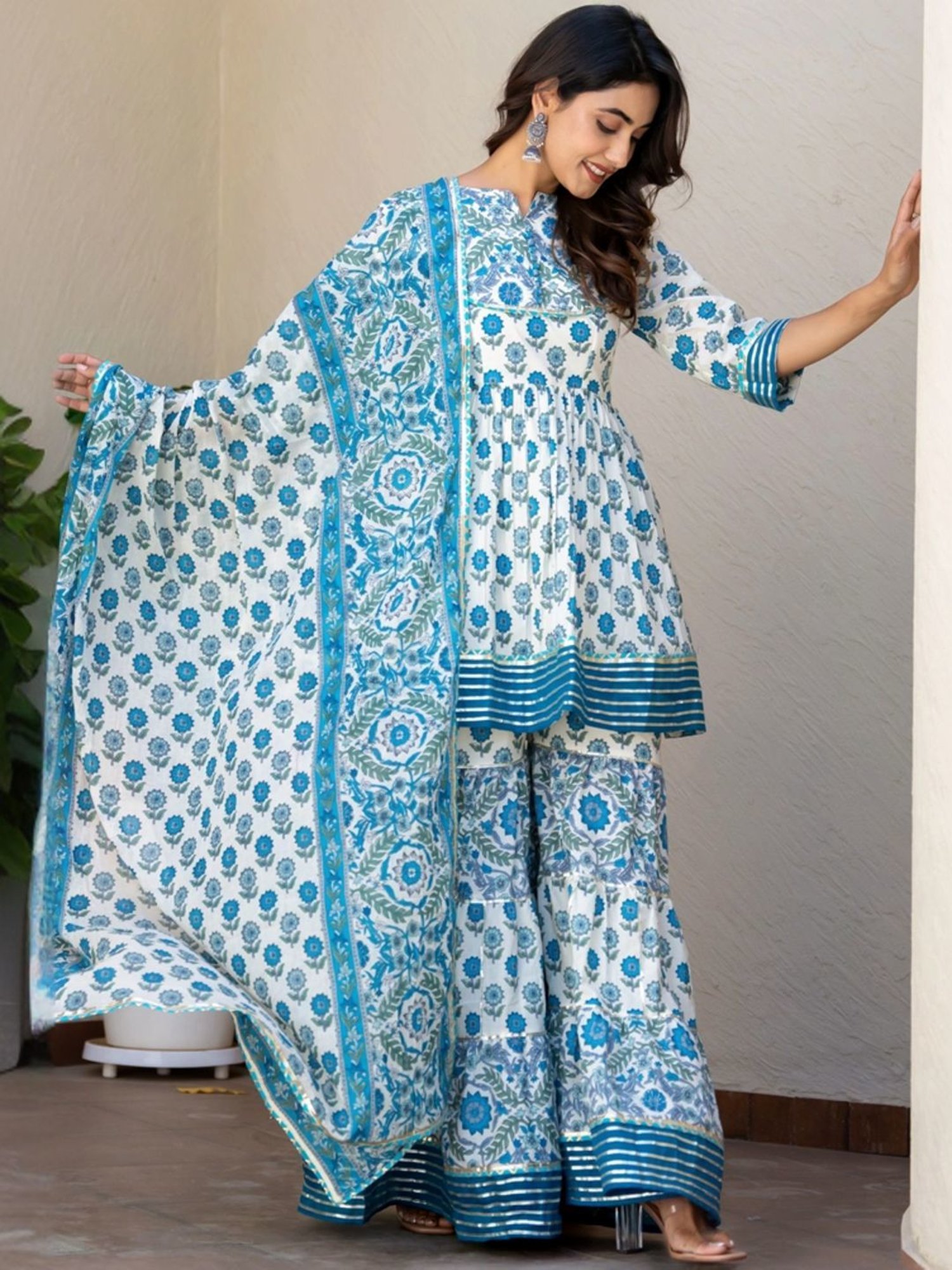 HOUSE OF JAMOTI Blue Cotton Printed Short Kurti Sharara Set With Dupatta