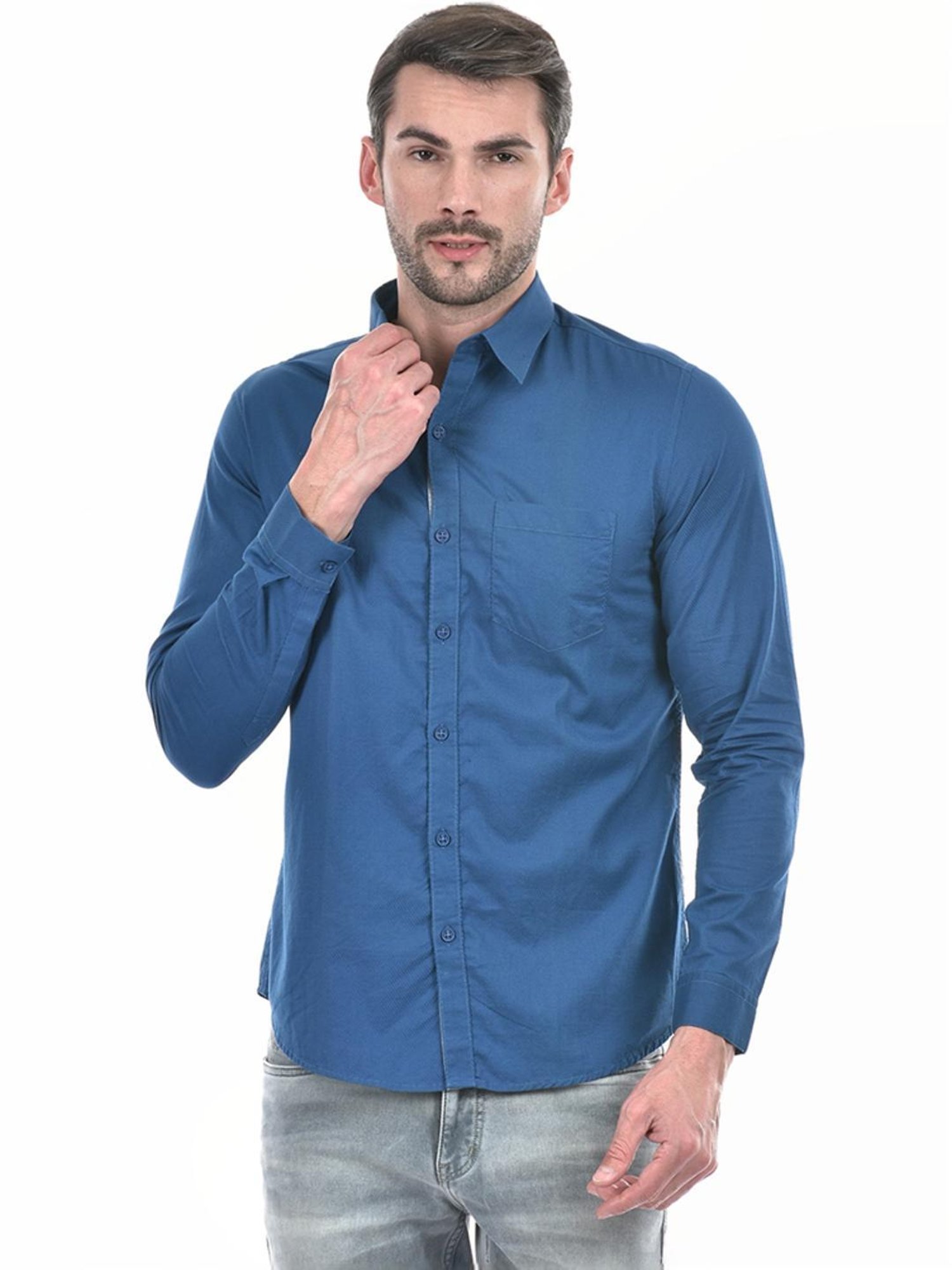 Numero Uno Marine Blue Cotton Slim Fit Shirt