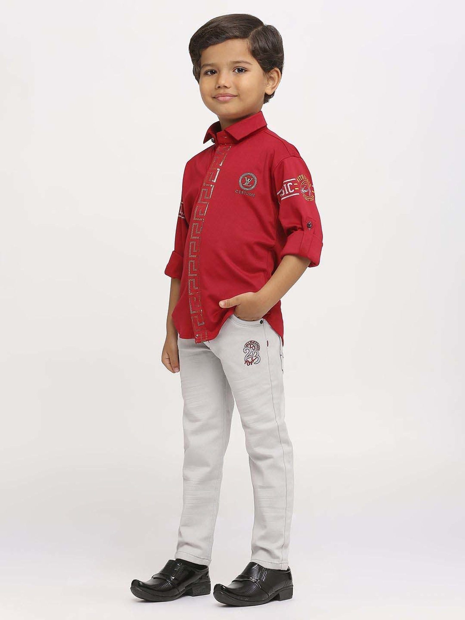Kids Island Boys Maroon & Grey Printed Full Sleeves Clothing Set